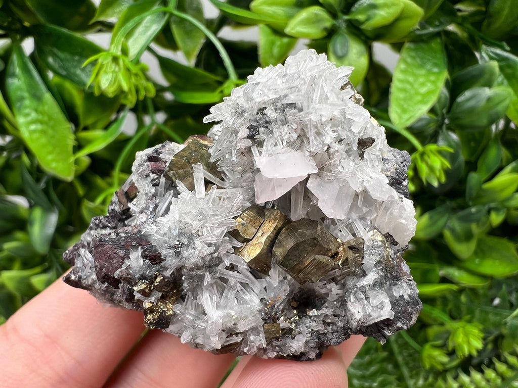 Pyrite on Quartz and Calcite Mineral Specimen, Borieva Mine Bulgaria