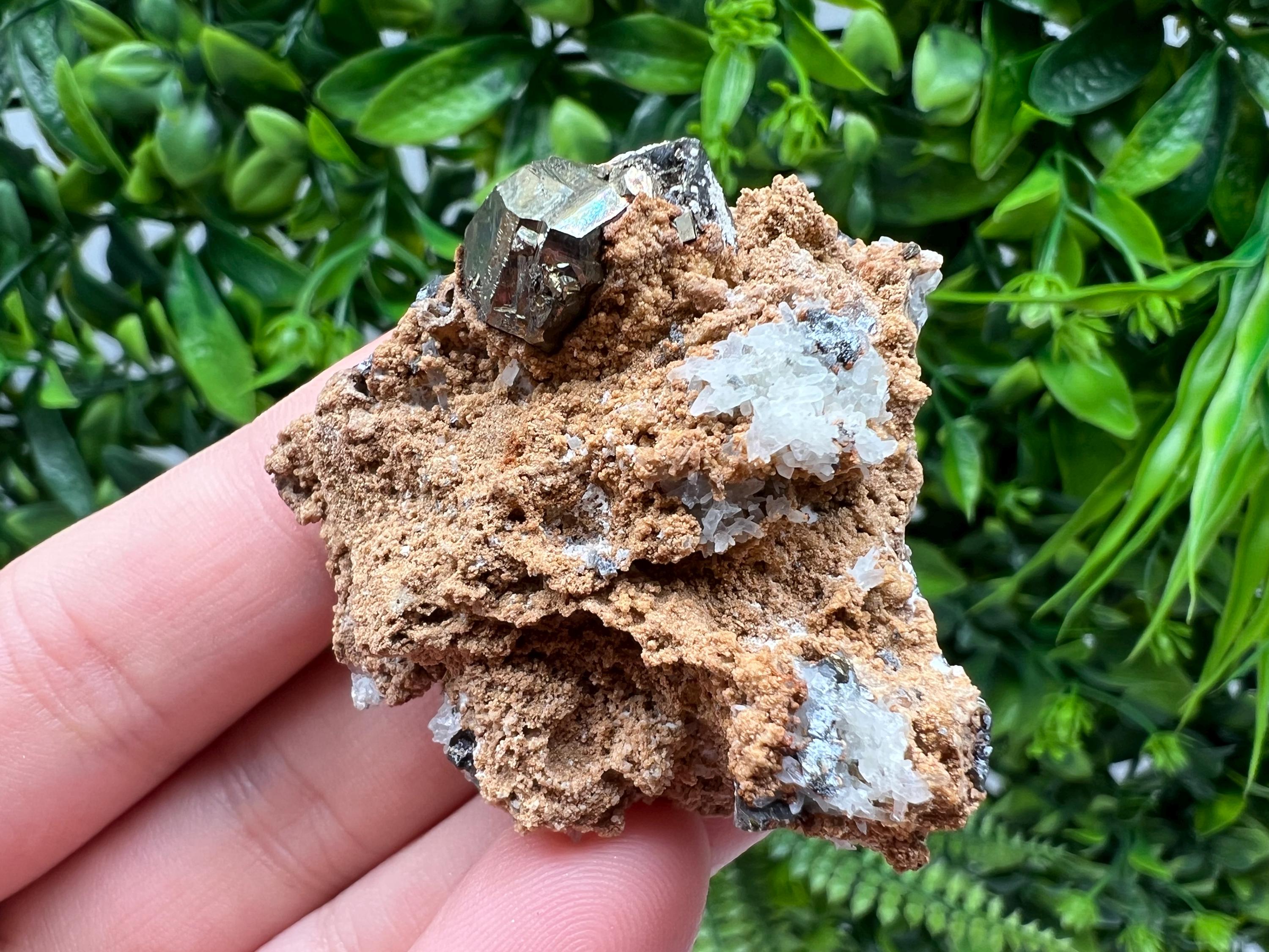 Rainbow Pyrite with Calcite: Natural Crystal Mineral Specimen, Borieva Bulgaria