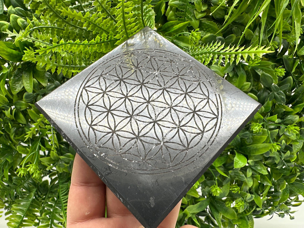 Shungite Plate, Flower of Life, Polished Stone from Russia