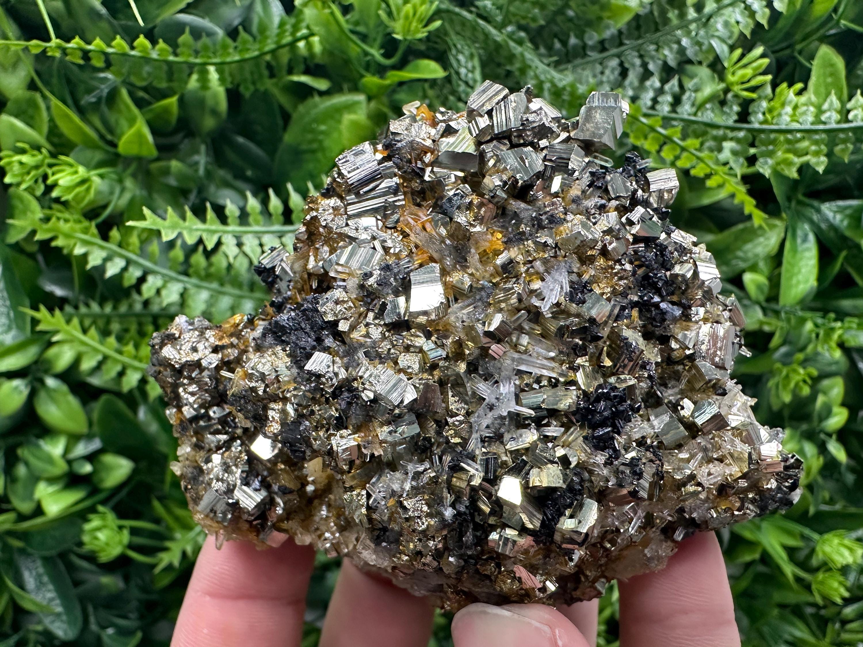 Rainbow Pyrite Cluster on Sphalerite Quartz, Borieva Mine Mineral Specimen