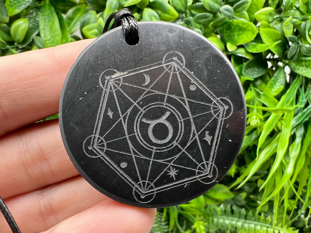 Shungite Taurus Zodiac Pendant Necklace: EMF Protection Healing Stone