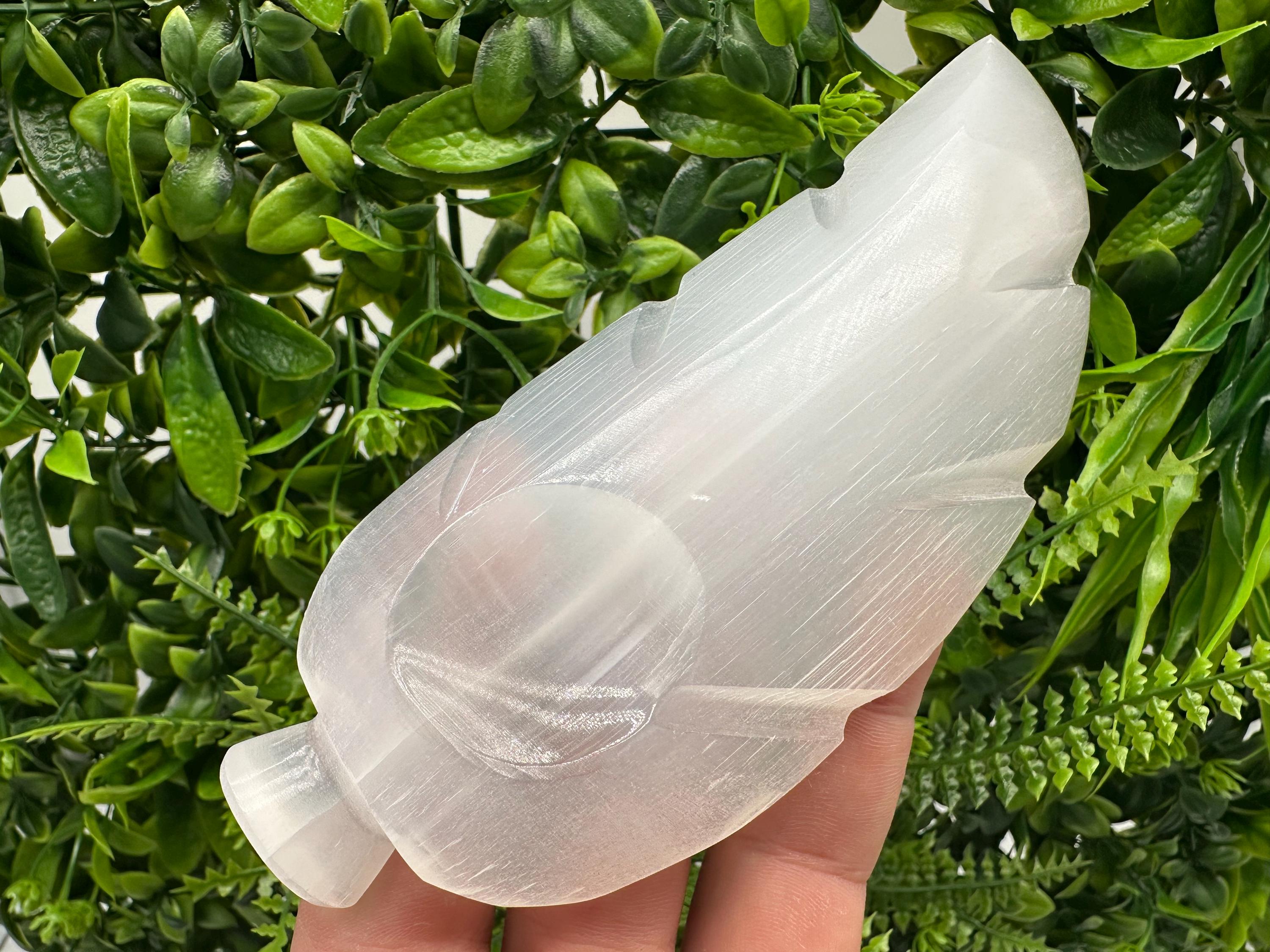 Hand Carved Selenite Leaf Jewelry Holder: Reiki Healing Crystal