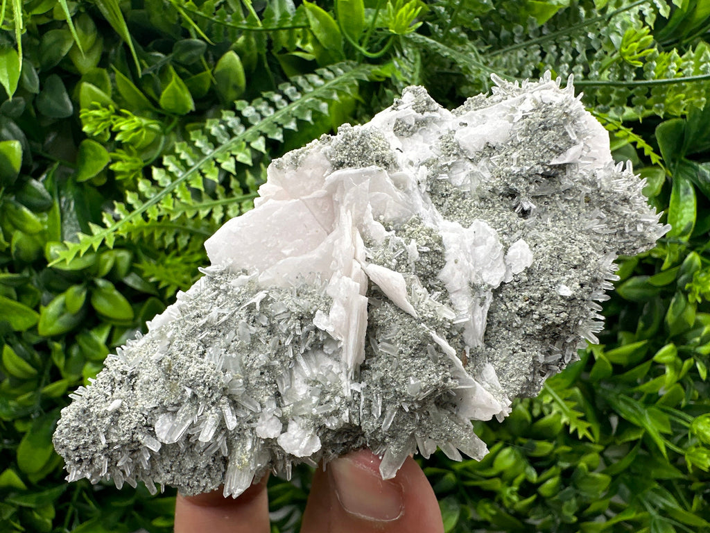 Calcite on Green Quartz: Borieva Mine Crystal Decor