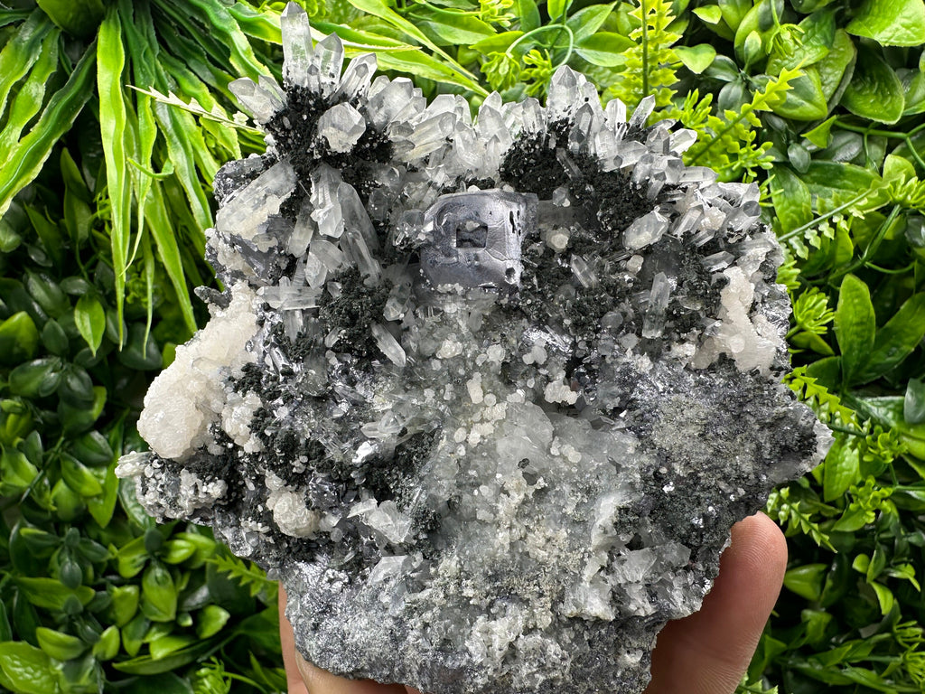 Galena on Quartz with Chlorite and Calcite: Natural Crystal Decor