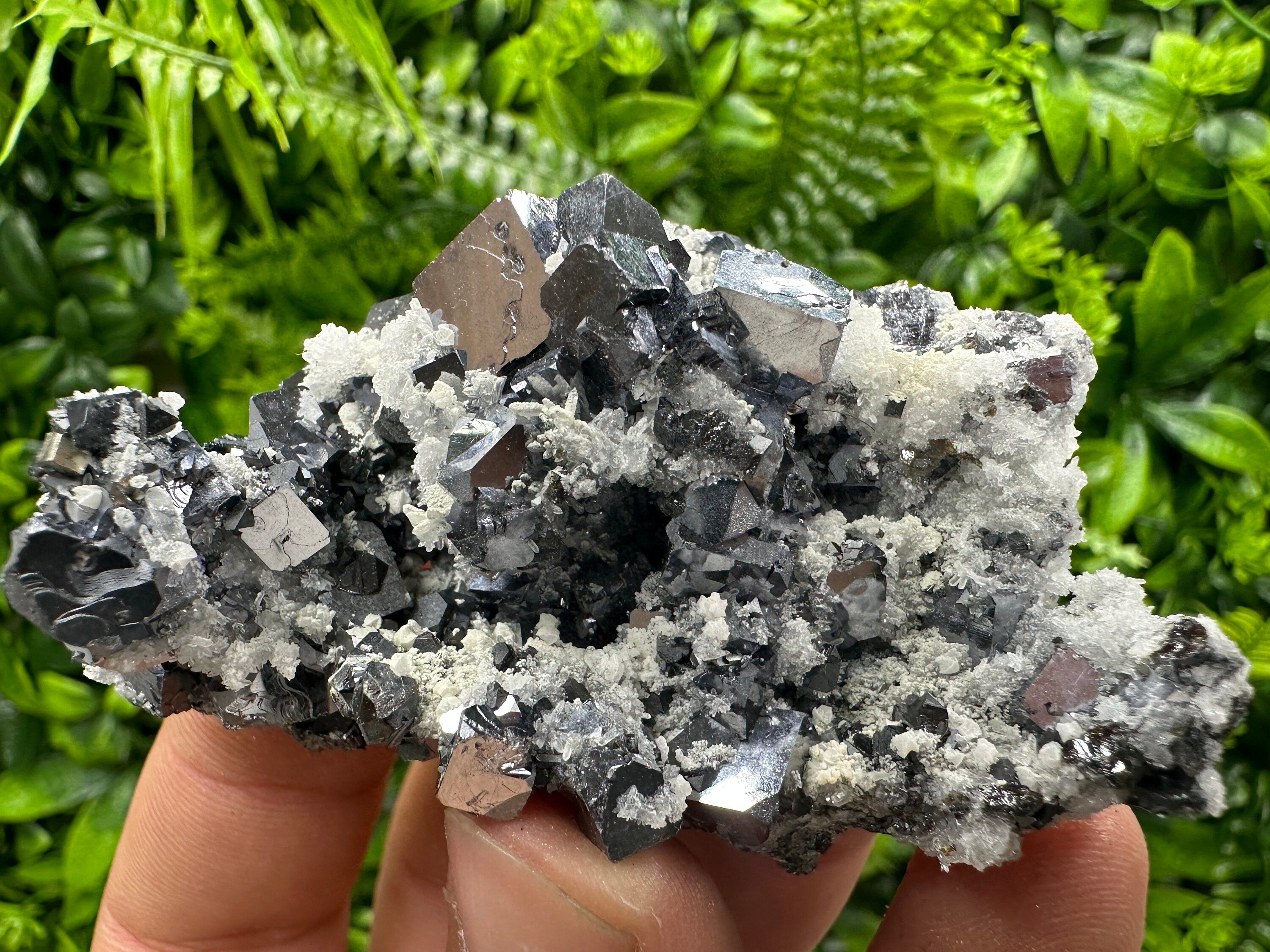 Shiny Skeletal Galena on Quartz with Calcite - Madan Bulgaria Crystal