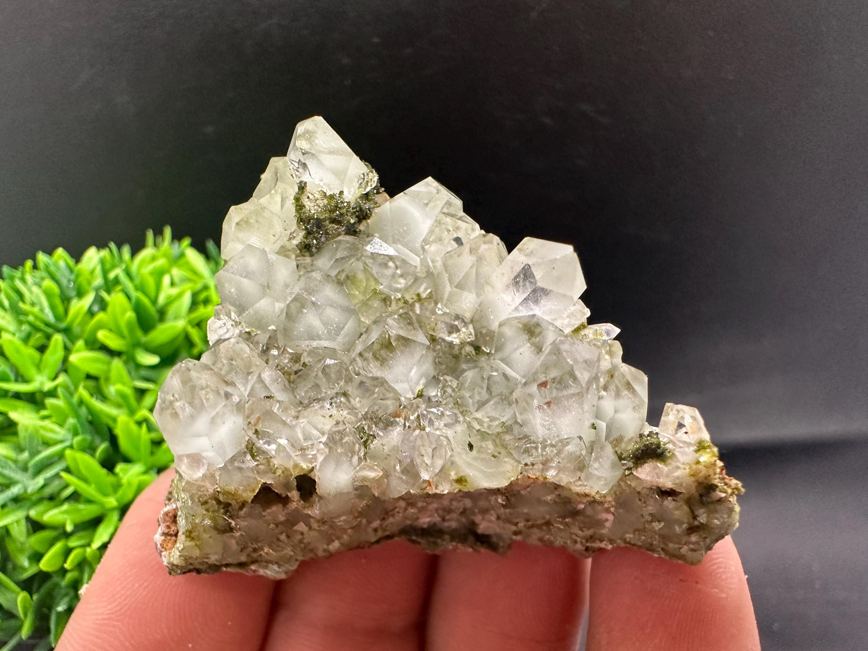 Rare Green Epidote with Quartz Crystals: Sparkly Rainbow Mineral Decor