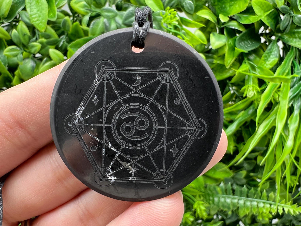 Shungite Zodiac Cancer Pendant Necklace: EMF Protection Healing Stone