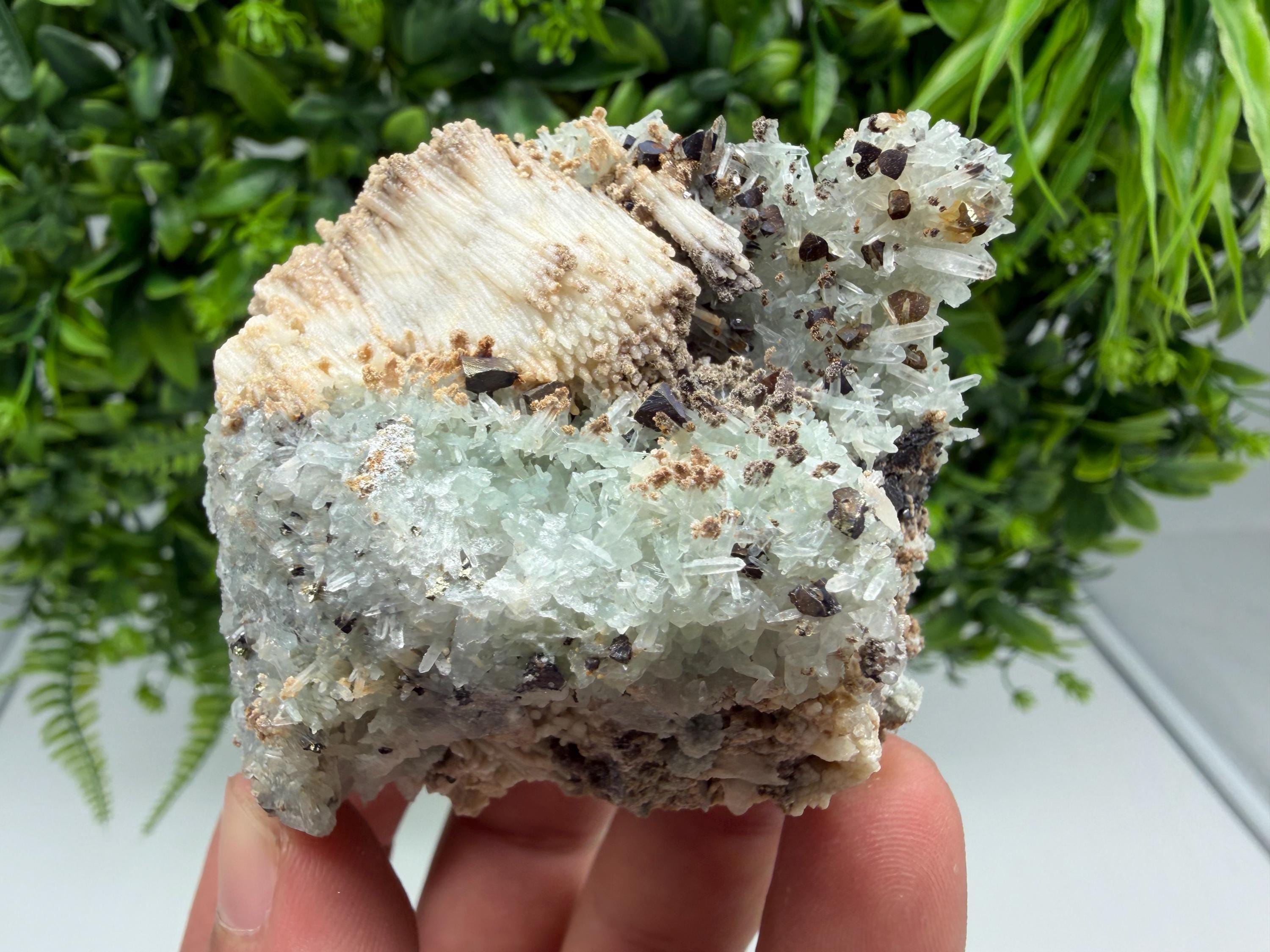 Calcite Chalcopyrite on Green Quartz Mineral Specimen, Bulgaria Collection, Natural Display