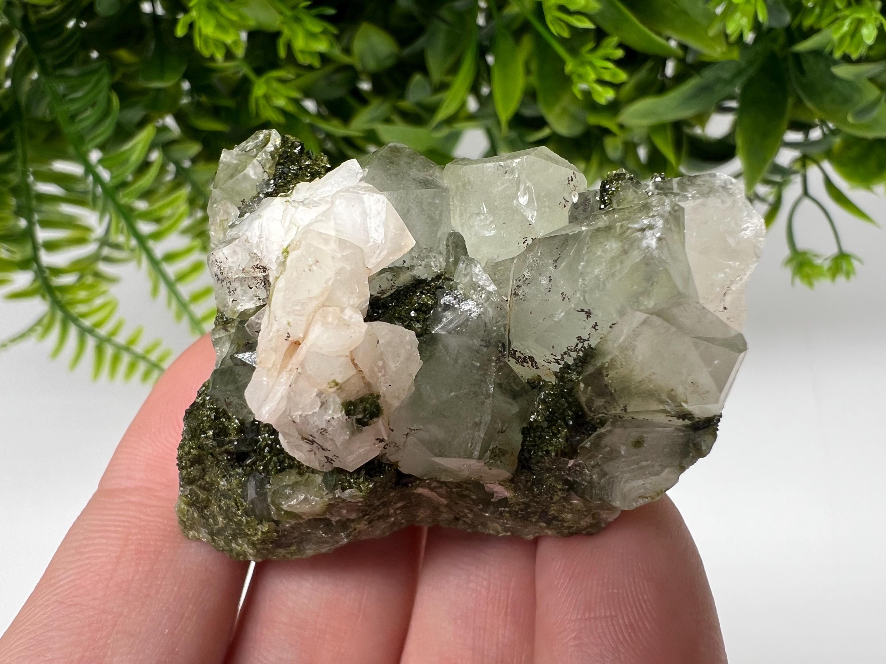 Green Epidote with Quartz Crystals: Rainbow Sparkle, Eastern Anatolian Mineral