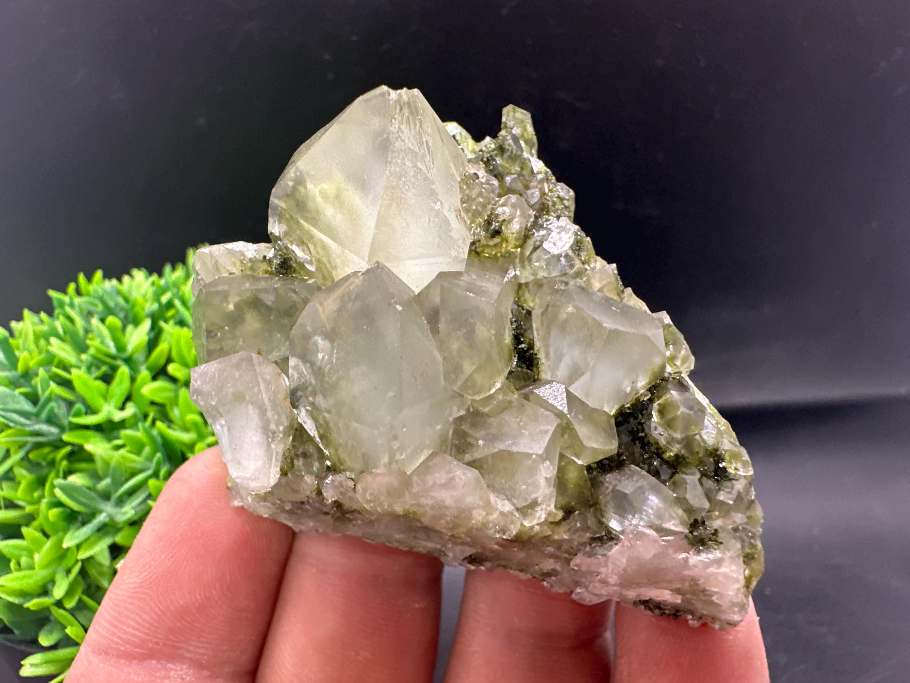 Rare Green Epidote with Quartz Crystals: Sparkly Rainbow Mineral Decor
