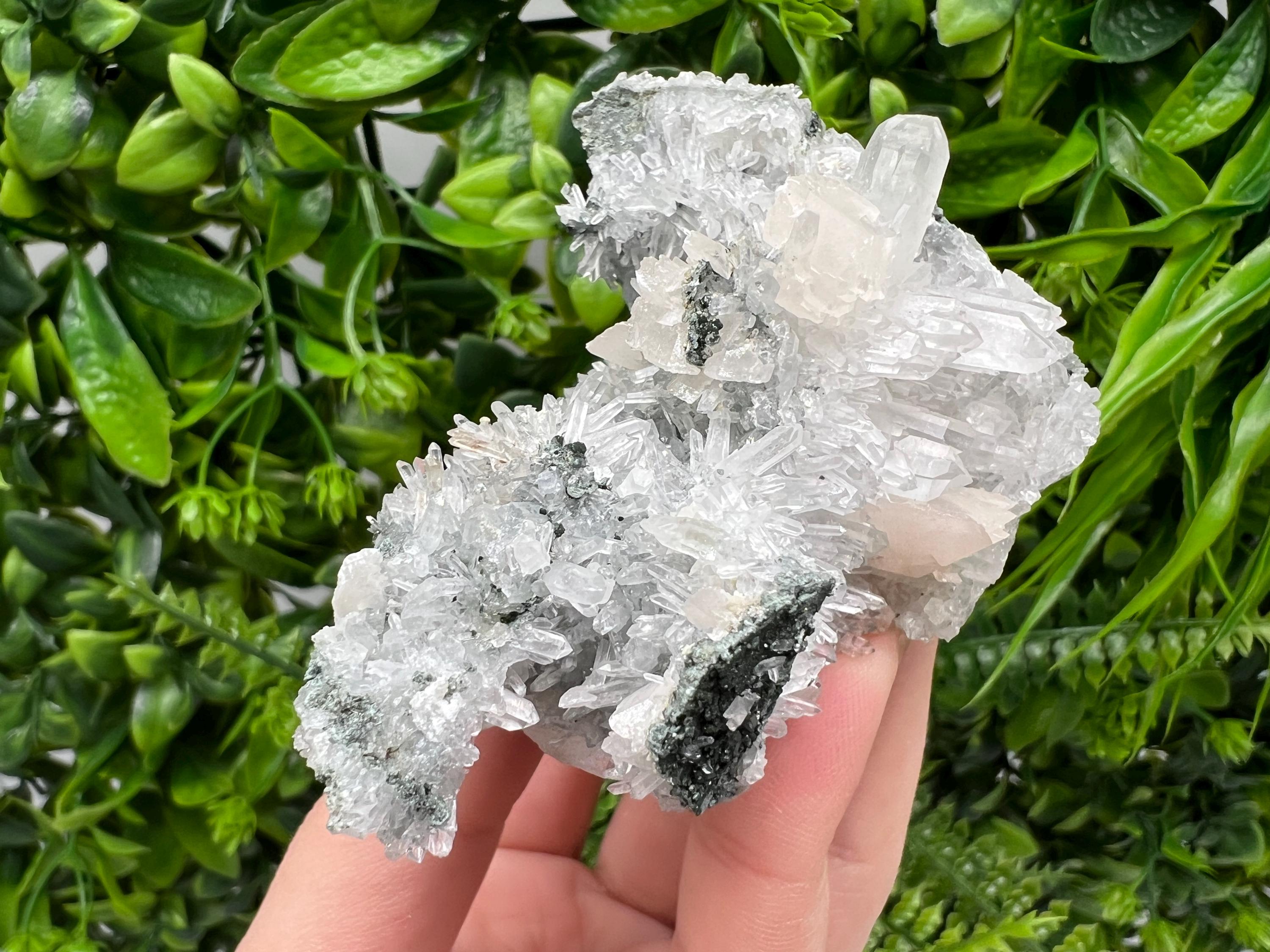 Calcite on Quartz Crystal: Borieva Mine, Bulgaria