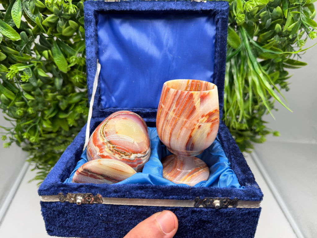 Vintage Natural Onyx Goblet Set: Stone Barware WHIT BOX