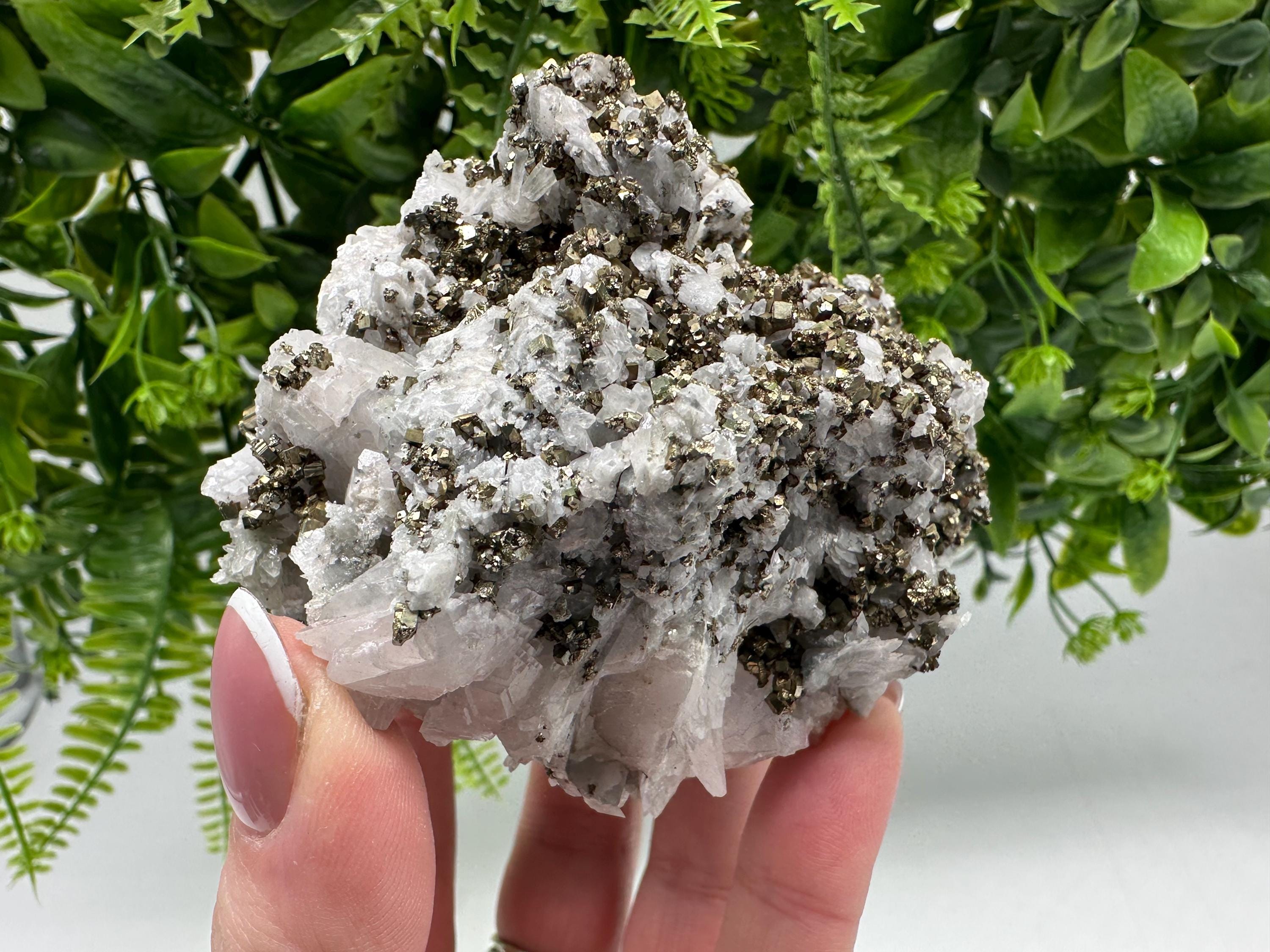 Pyrite on Quartz, Calcite Mineral Specimen, Bulgaria