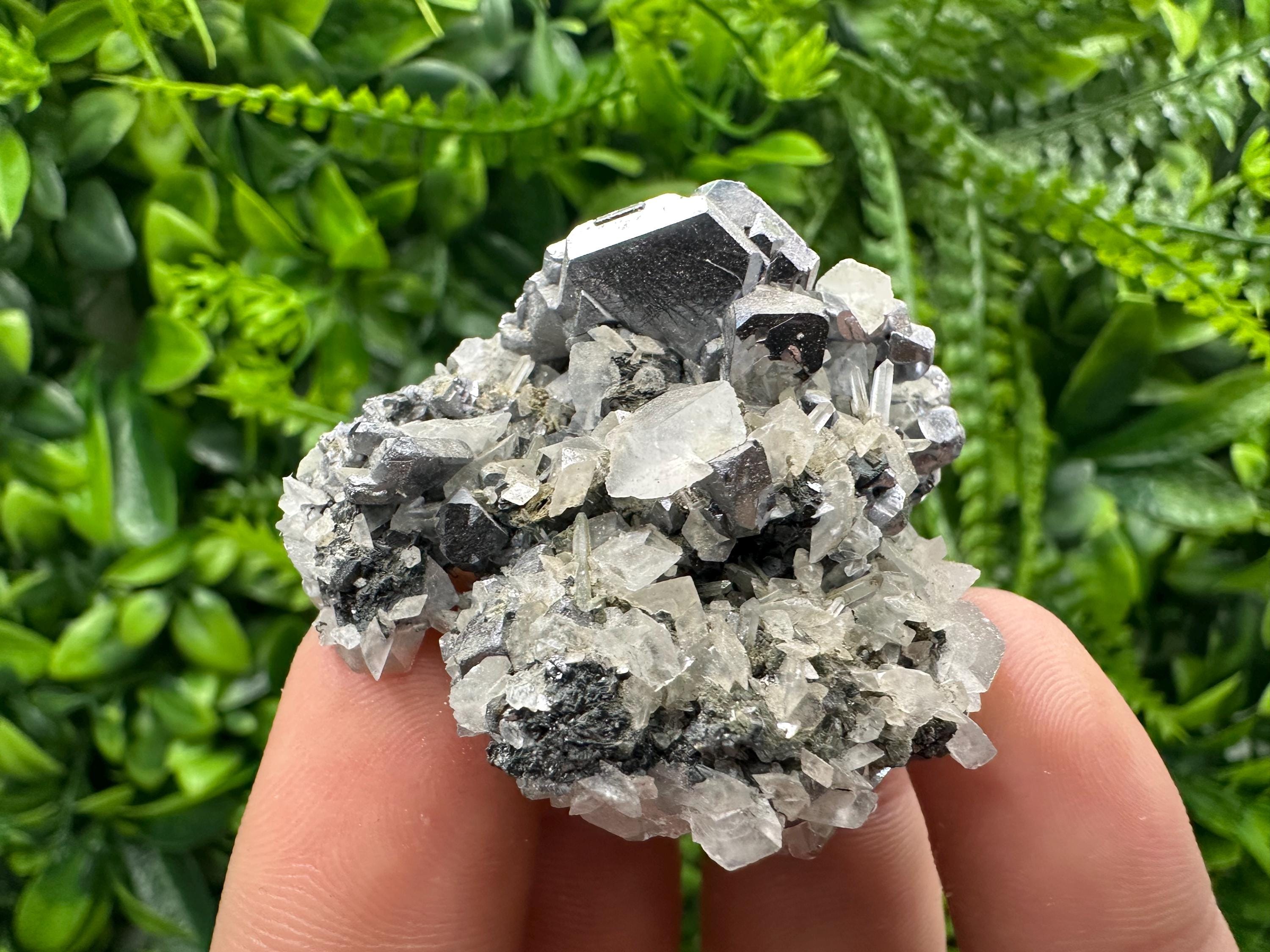 Galena Spinel Law on Quartz with Calcite, Bulgaria Mineral Specimen