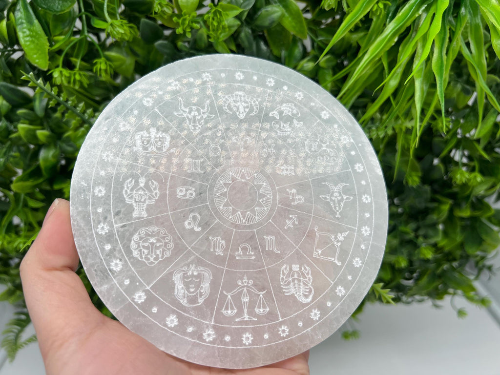 Engraved Selenite Zodiac Disc: Energy Crystal Healing Decor (14cm)
