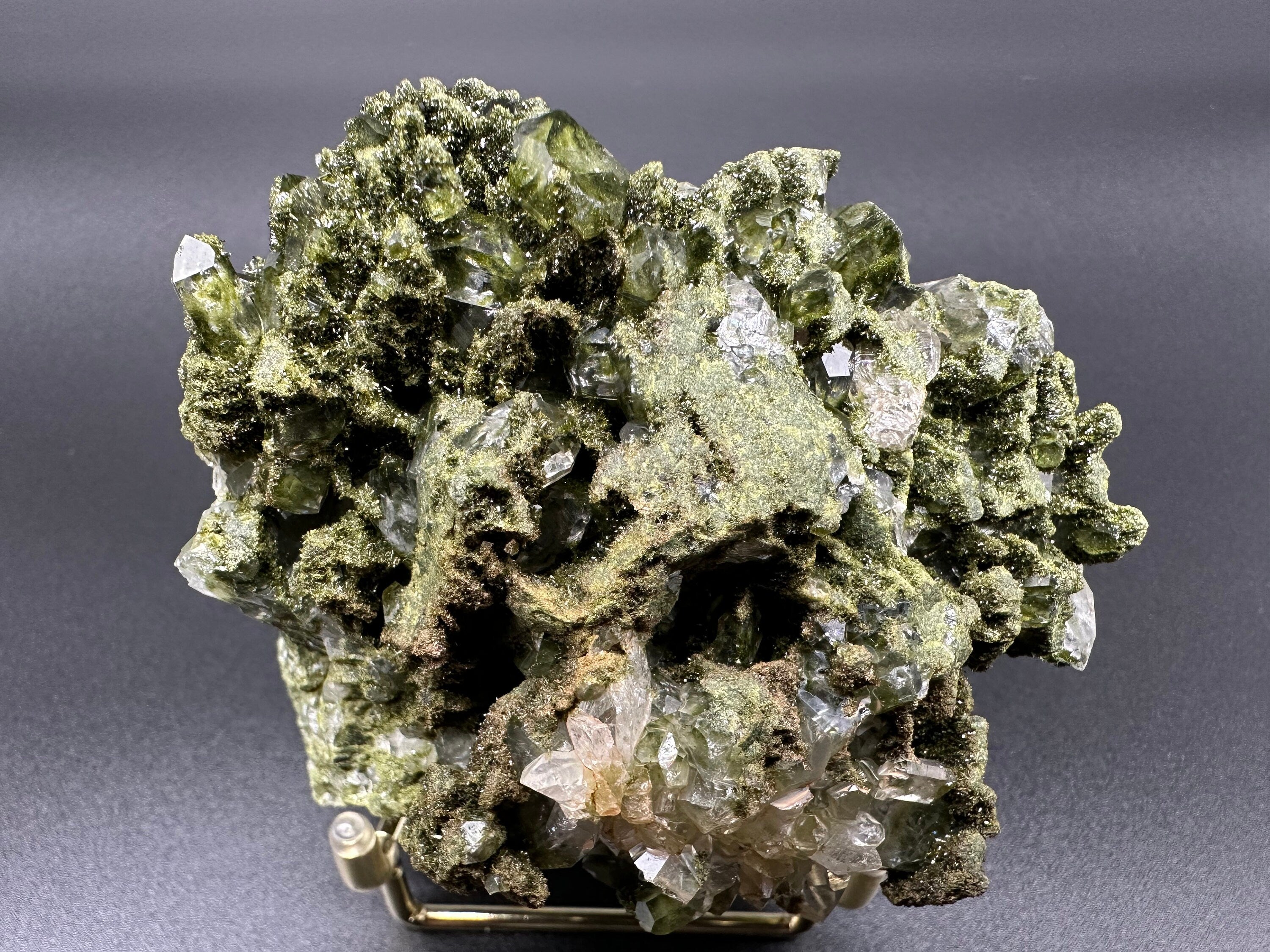 Rare Green Epidote with Quartz Crystals: Sparkly Rainbow Mineral Decor