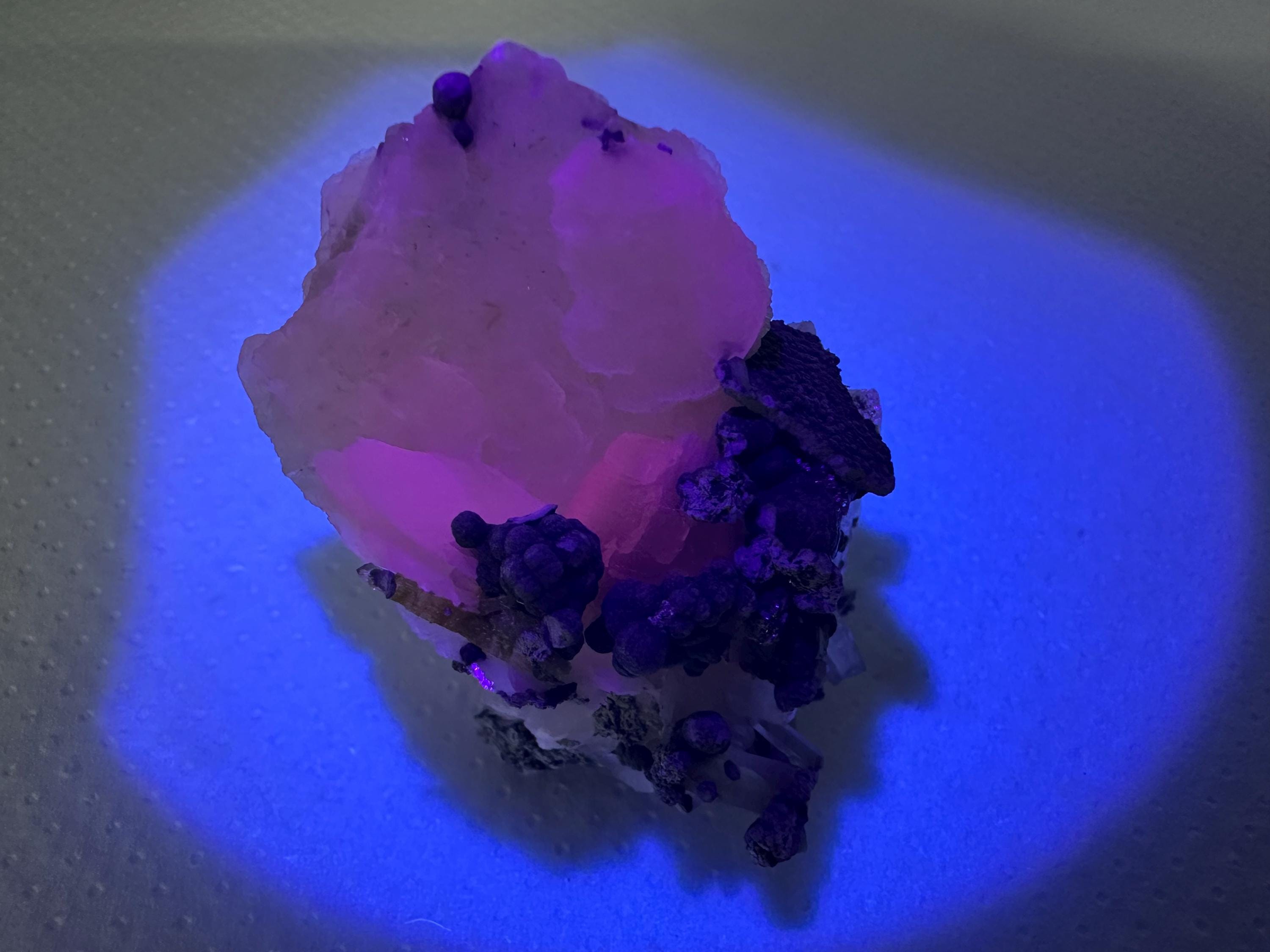 UV Reactive Mangano Calcite Cluster, Bulgaria Crystal Decor