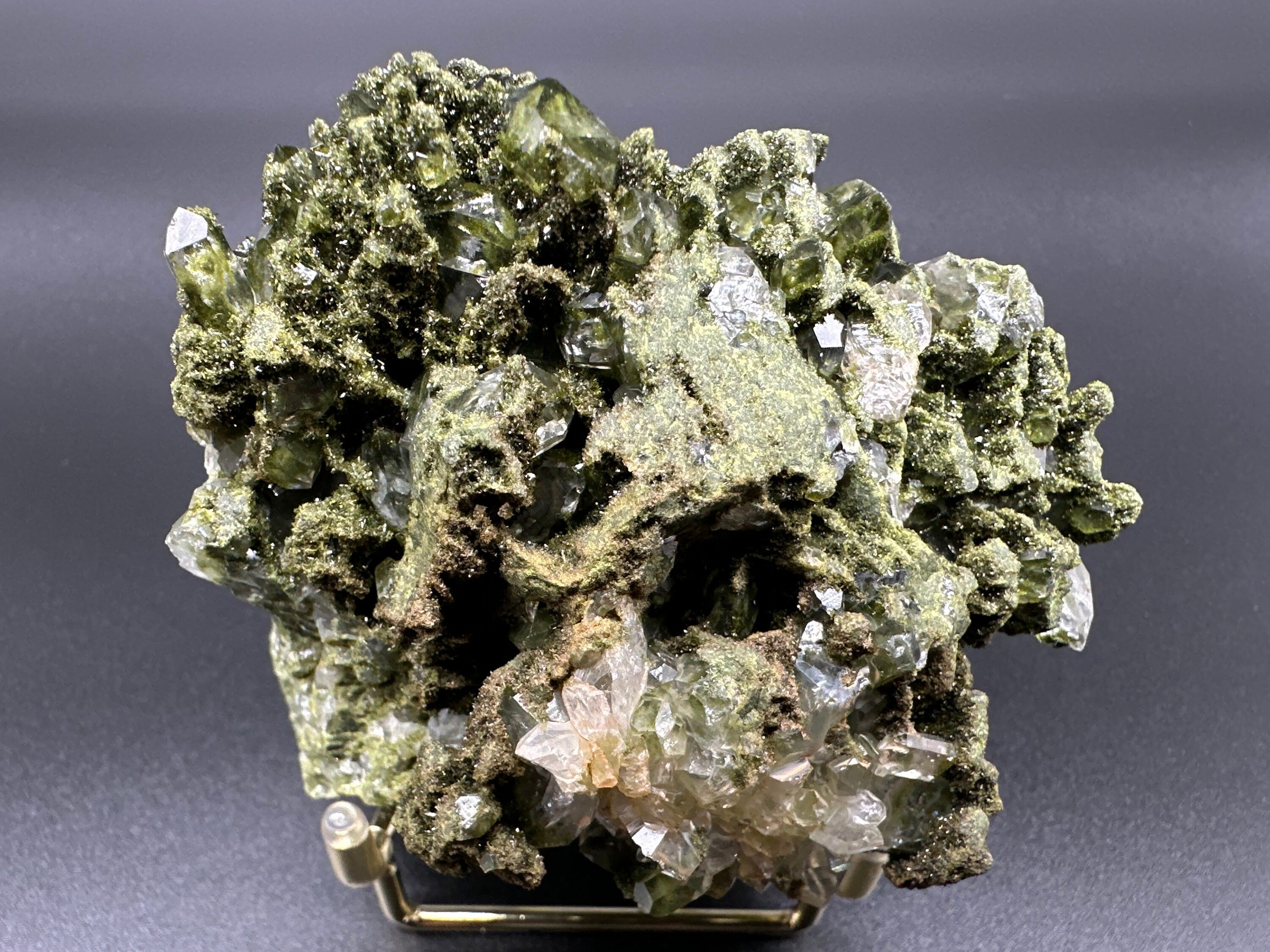 Rare Green Epidote with Quartz Crystals: Sparkly Rainbow Mineral Decor