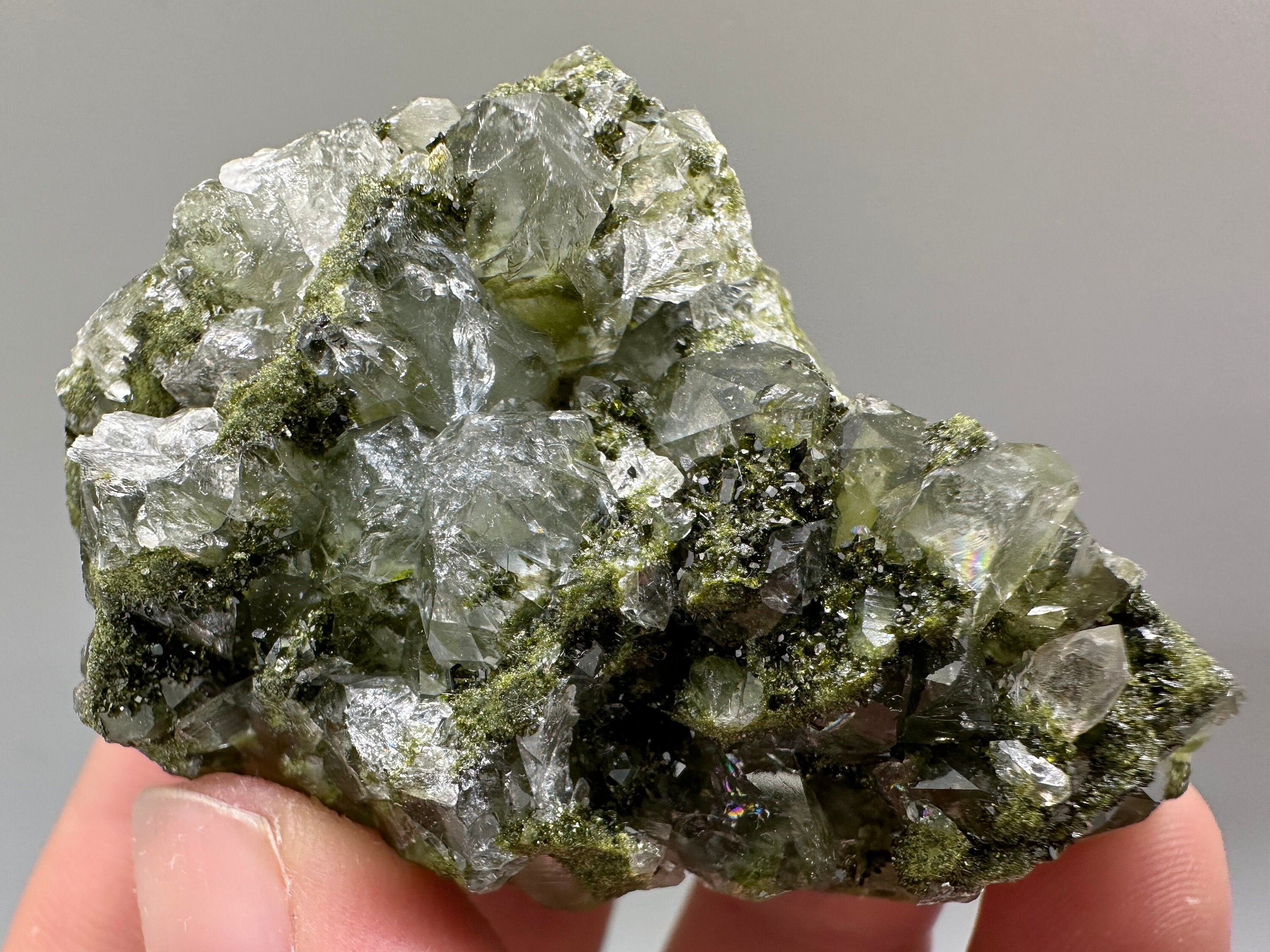 Rare Green Epidote with Quartz Crystals: Sparkly Rainbow Mineral Decor