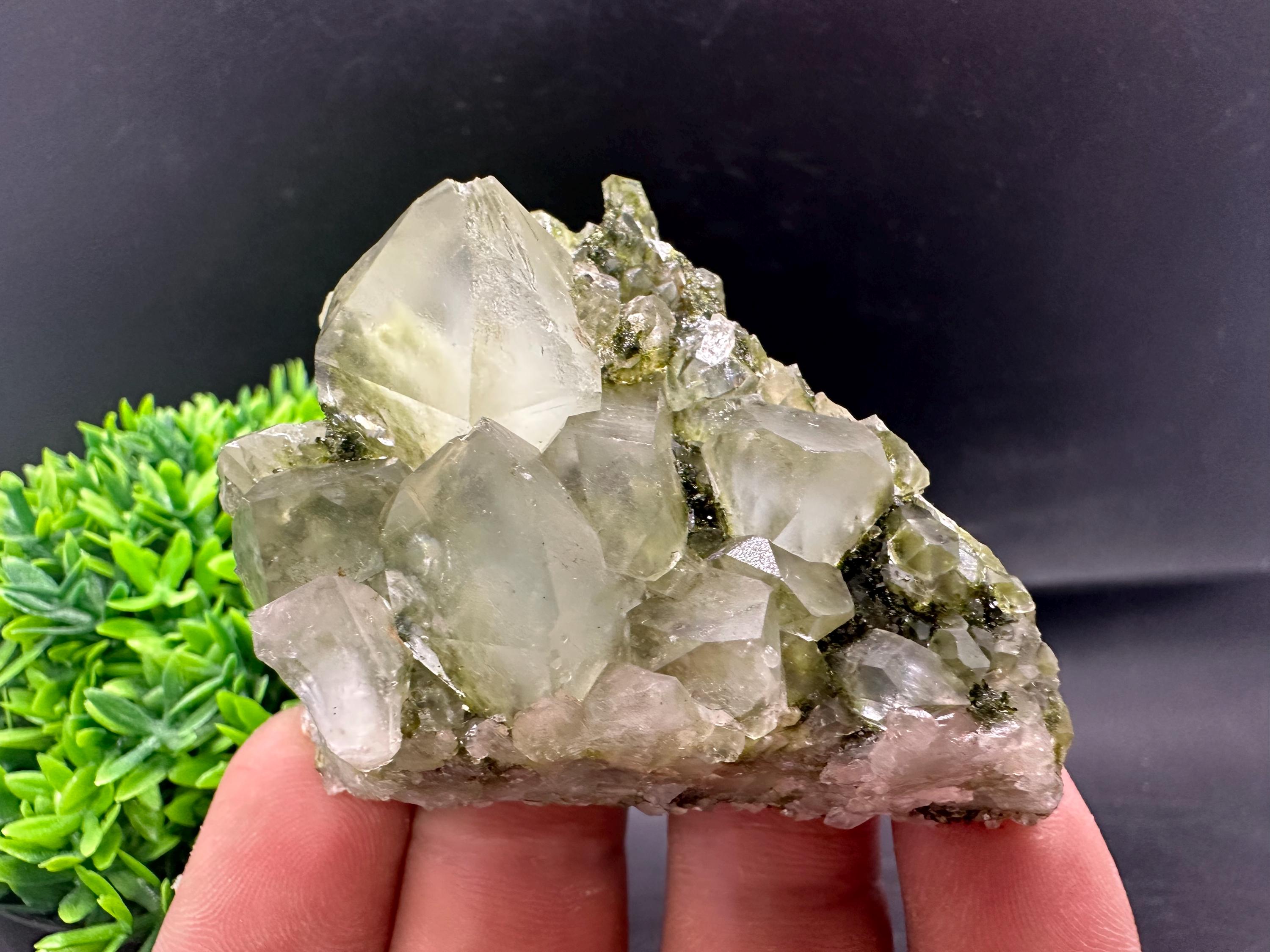Rare Green Epidote with Quartz Crystals: Sparkly Rainbow Mineral Decor