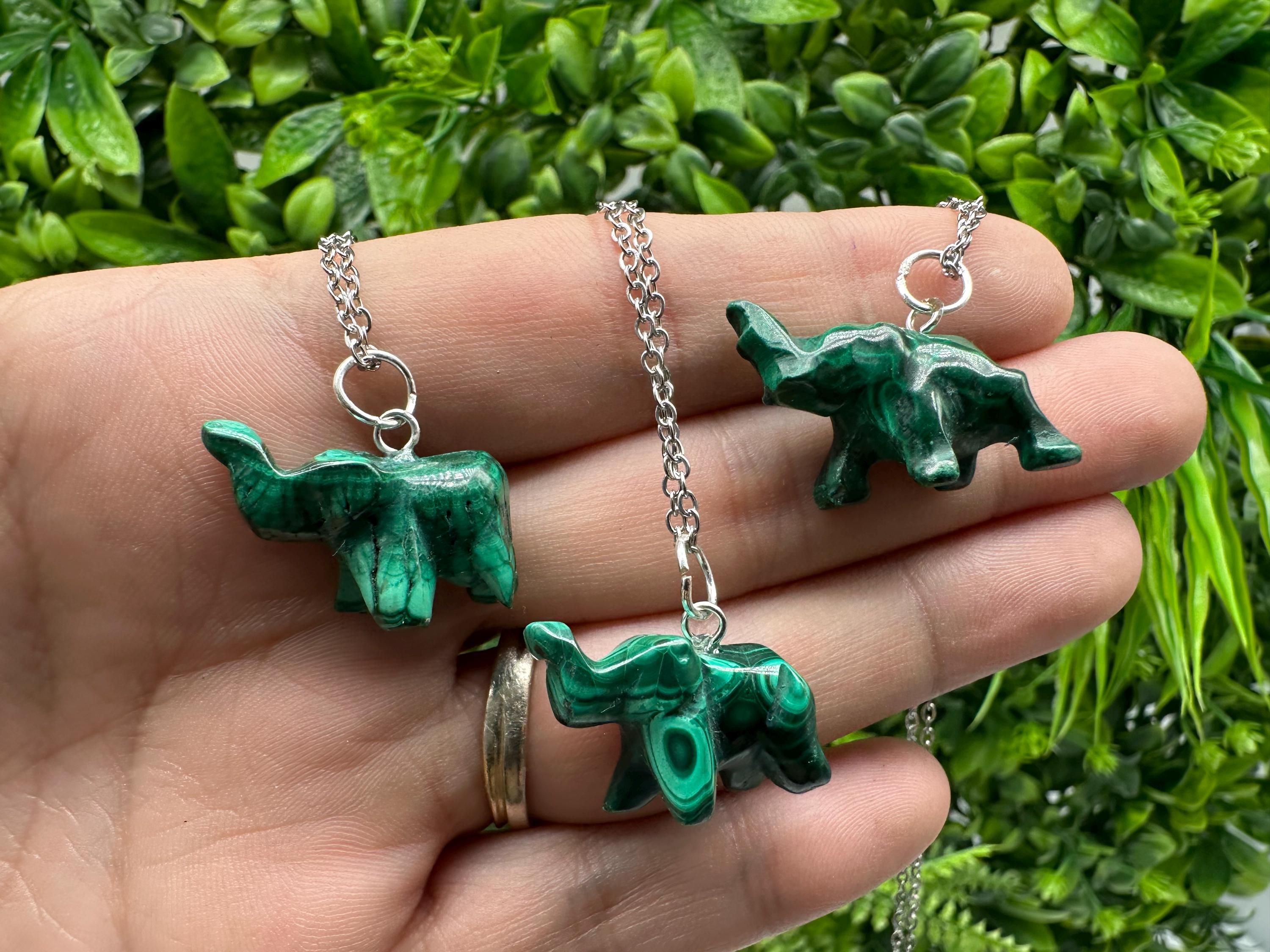 Malachite Elephant Figurine: Natural Stone Pendant, Vintage Home Decor