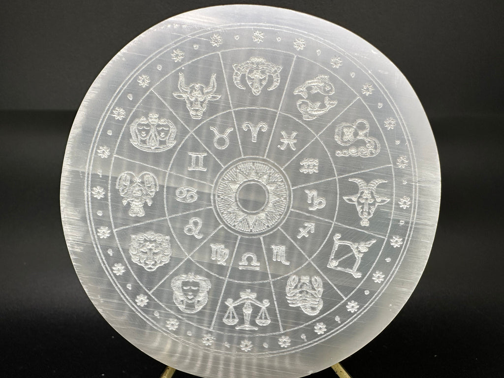 Natural Selenite Zodiac Disc (8/8cm): Engraved Crystal Decor
