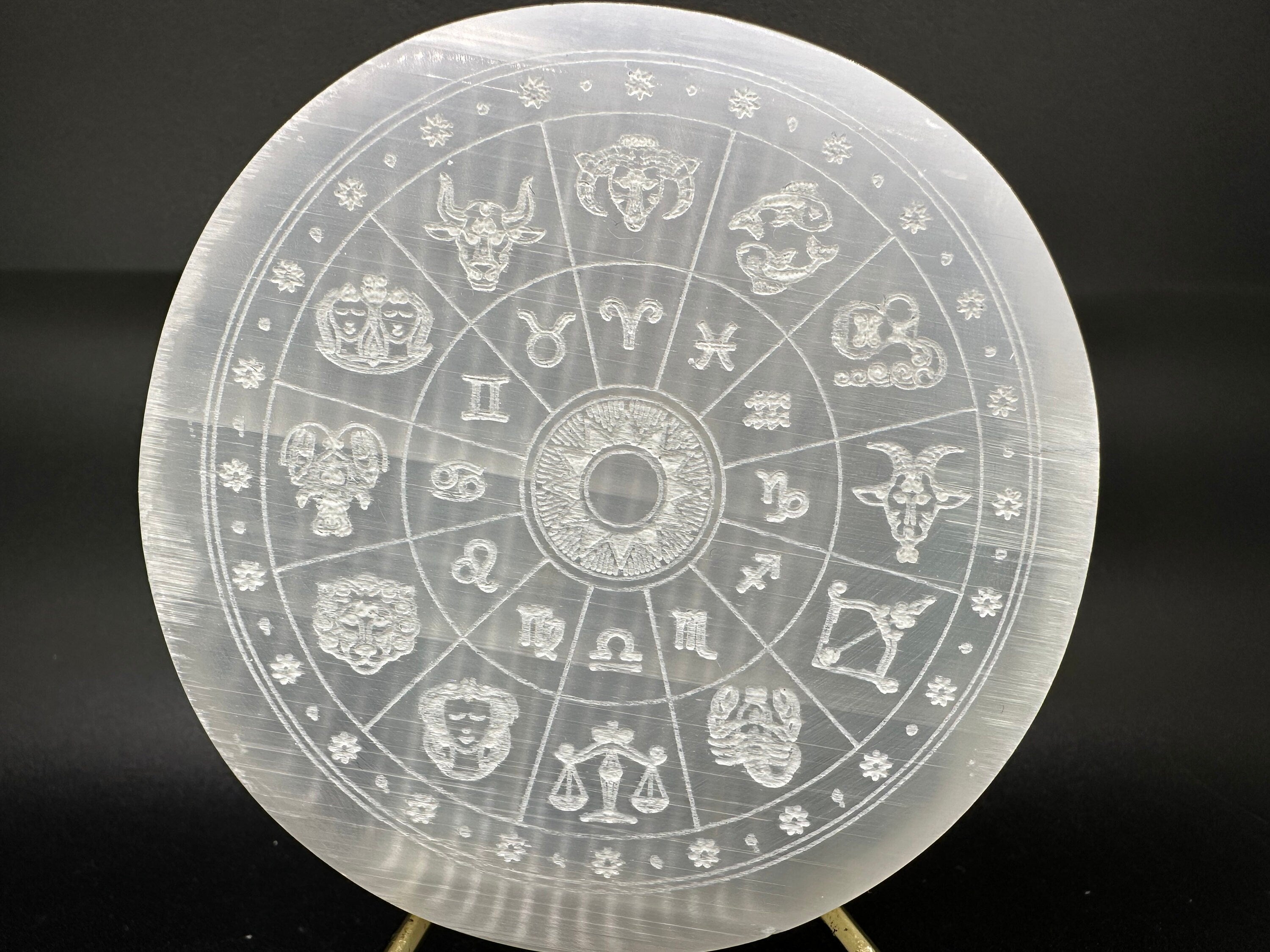 Natural Selenite Zodiac Disc (8/8cm): Engraved Crystal Decor