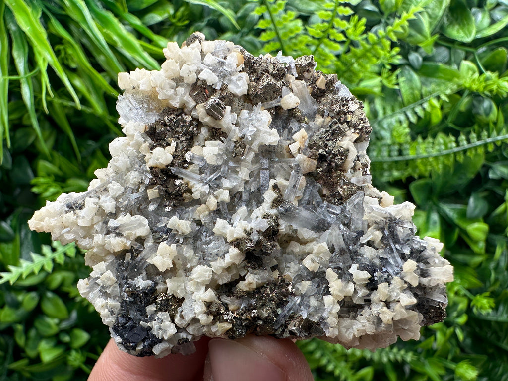 Pyrite, Calcite, Sphalerite on Quartz, Borieva Mine, Bulgaria