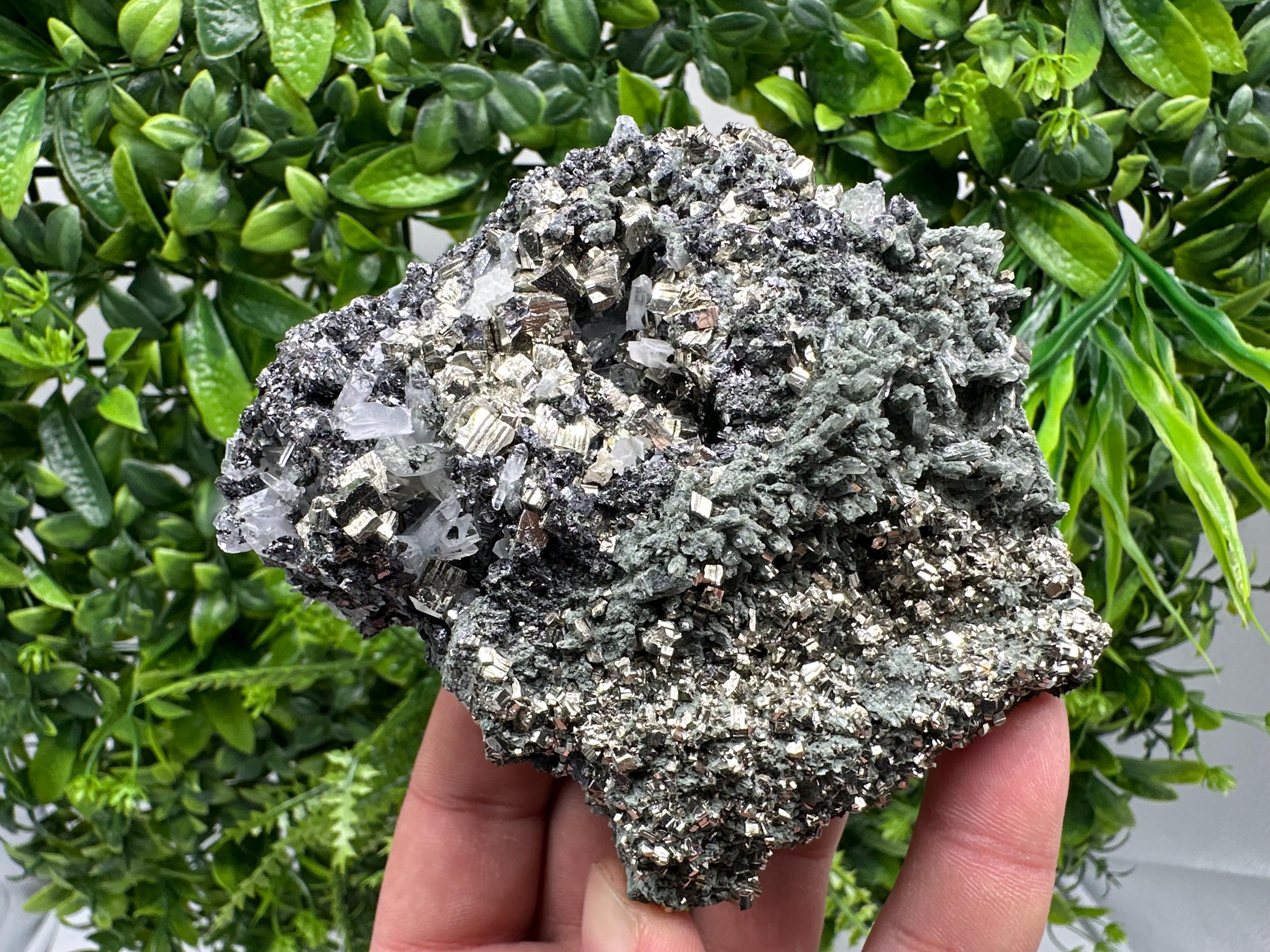 Pyrite Sphalerite on Green Quartz, Bulgaria Mineral Specimen