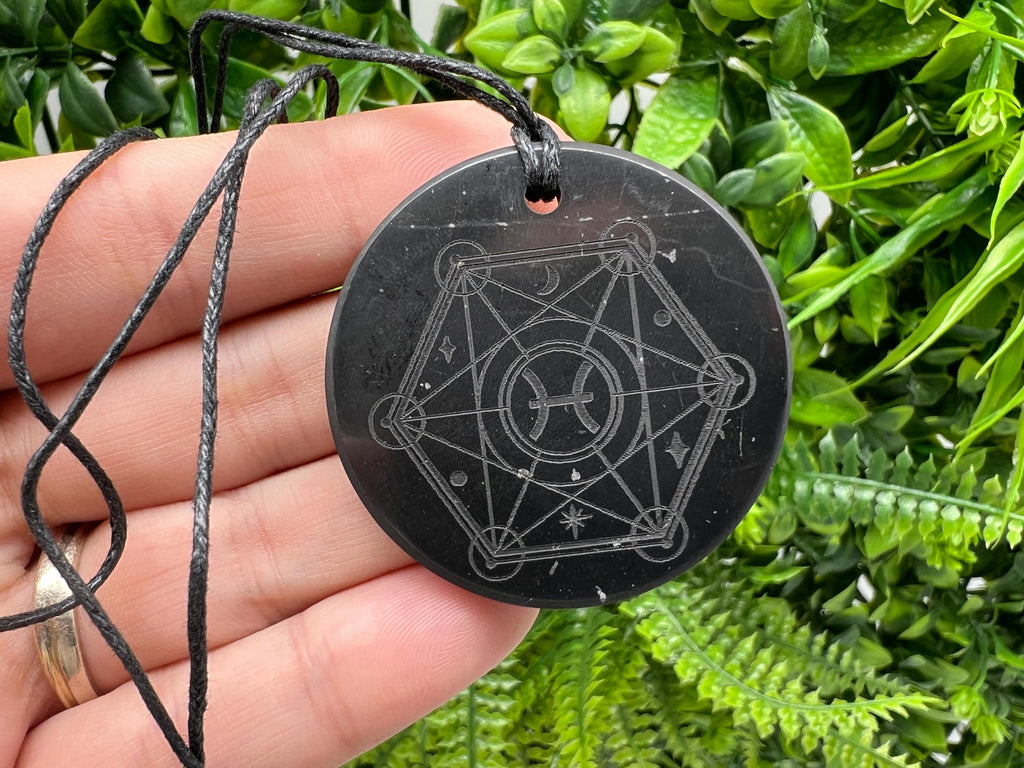 Shungite Pisces Zodiac Pendant Necklace: EMF Protection Healing Stone