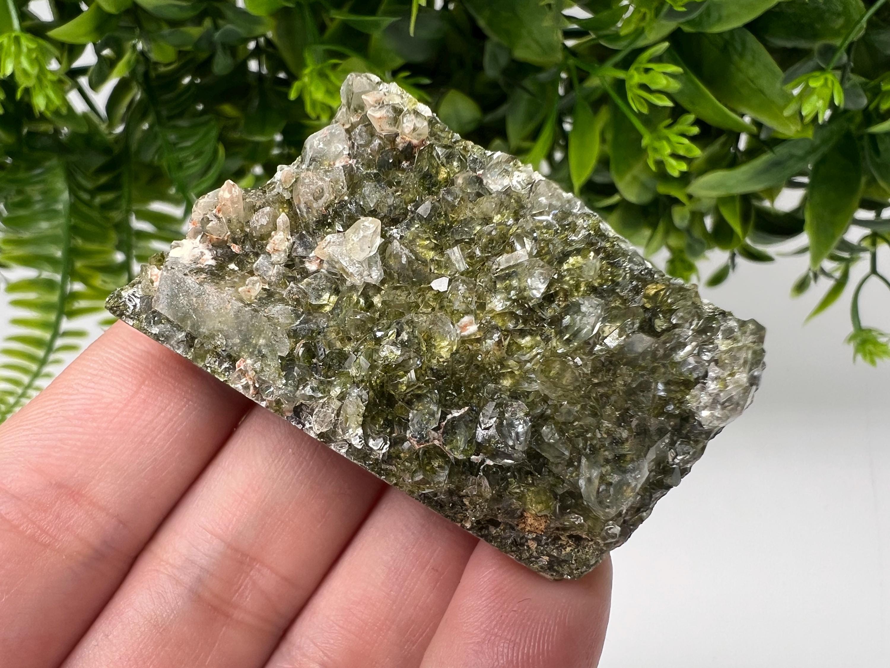 Rare Green Epidote with Quartz Crystals: Sparkly Rainbow Mineral Decor