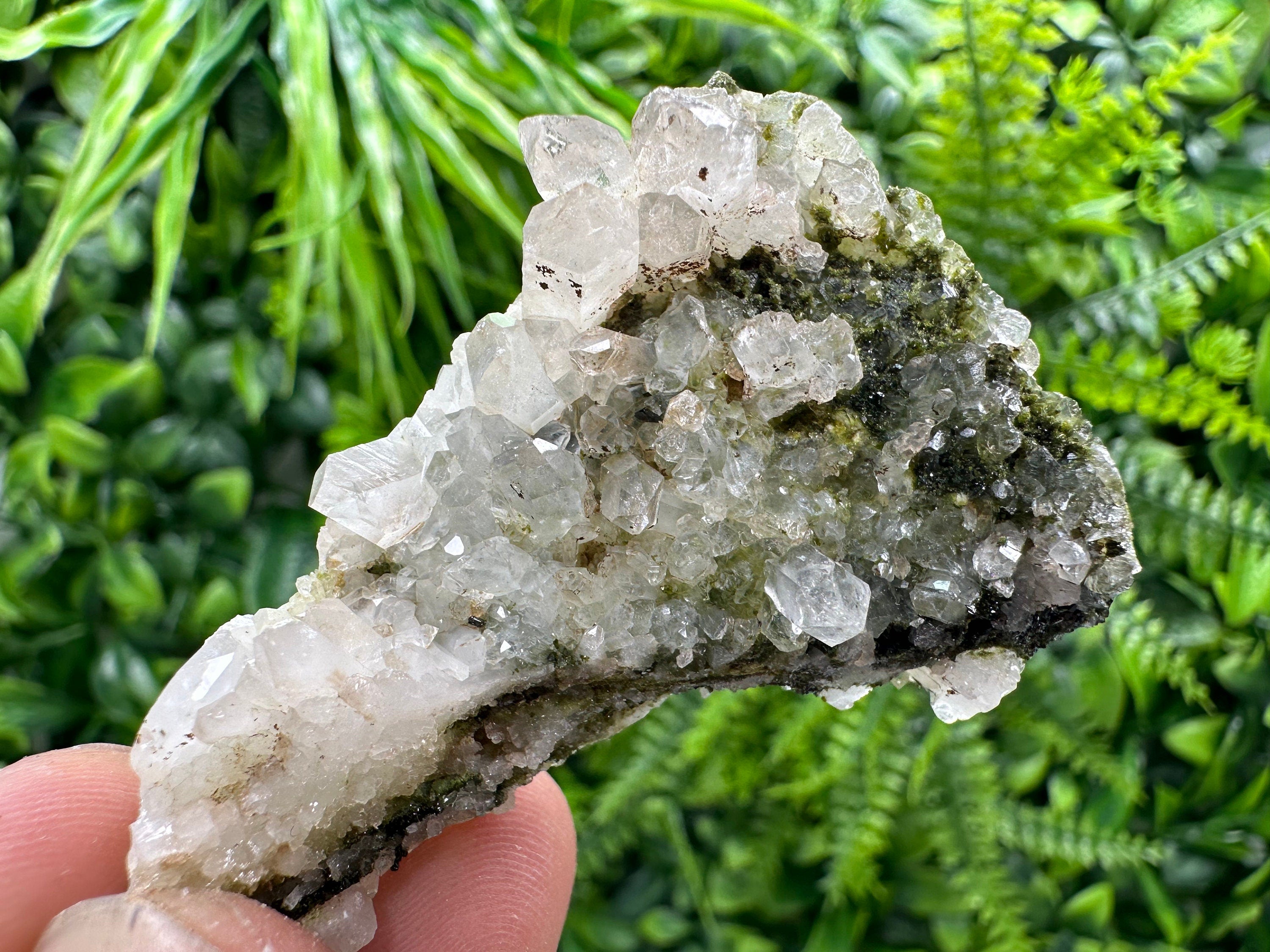 Rare Green Epidote with Quartz Crystals: Sparkly Rainbow Stone Decor