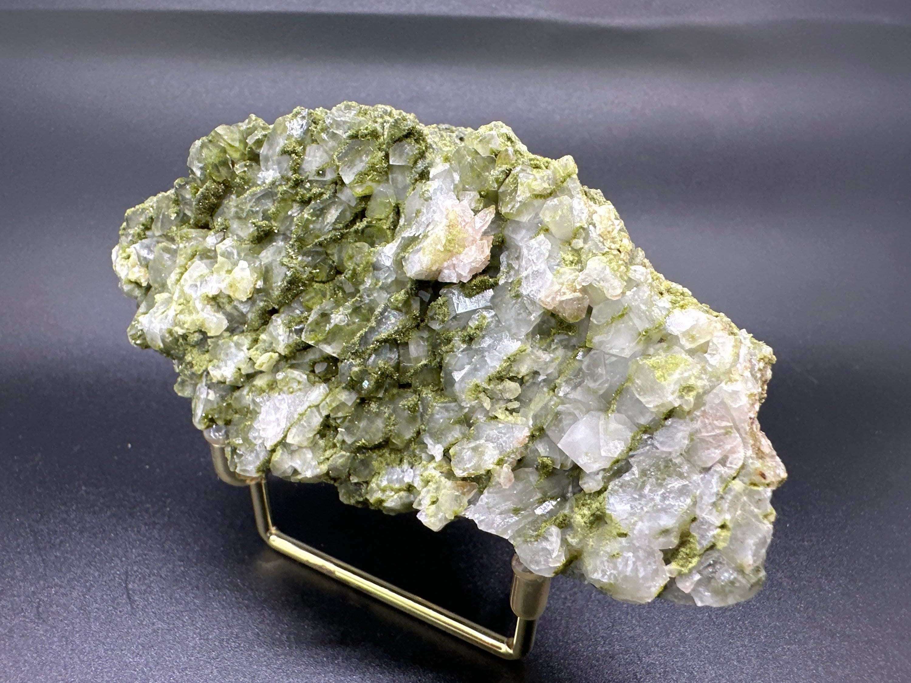 Rare Green Epidote with Quartz Crystals: Sparkly Rainbow Mineral Decor