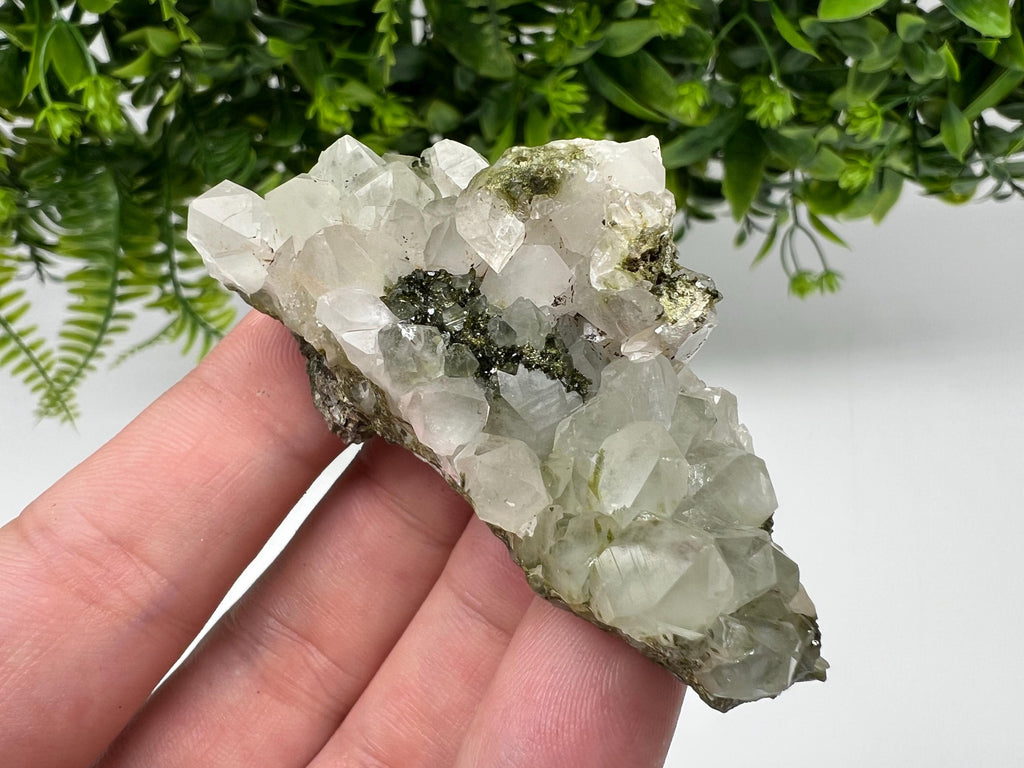 Rare Green Epidote with Quartz Crystals - Sparkly Rainbow Mineral Decor