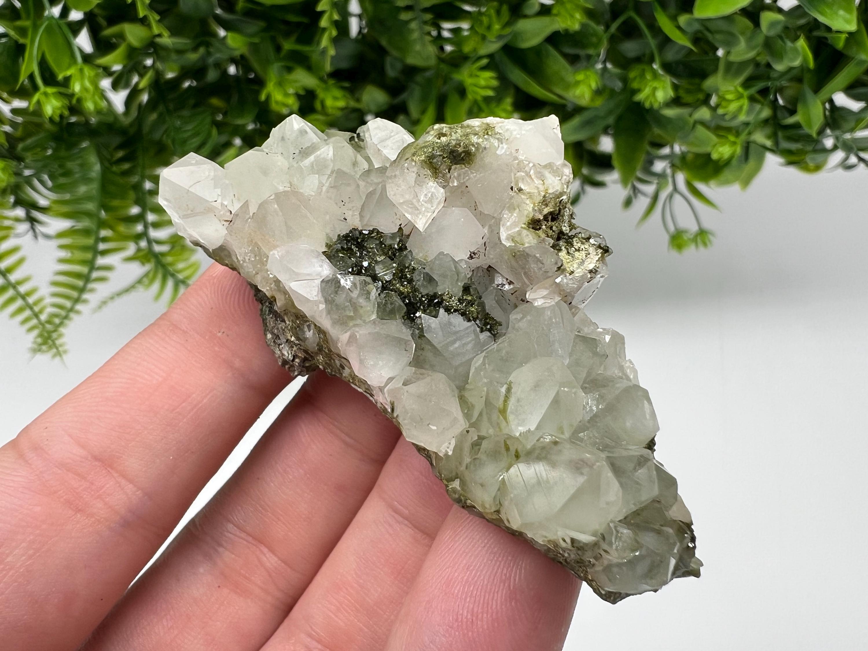 Rare Green Epidote with Quartz Crystals - Sparkly Rainbow Mineral Decor