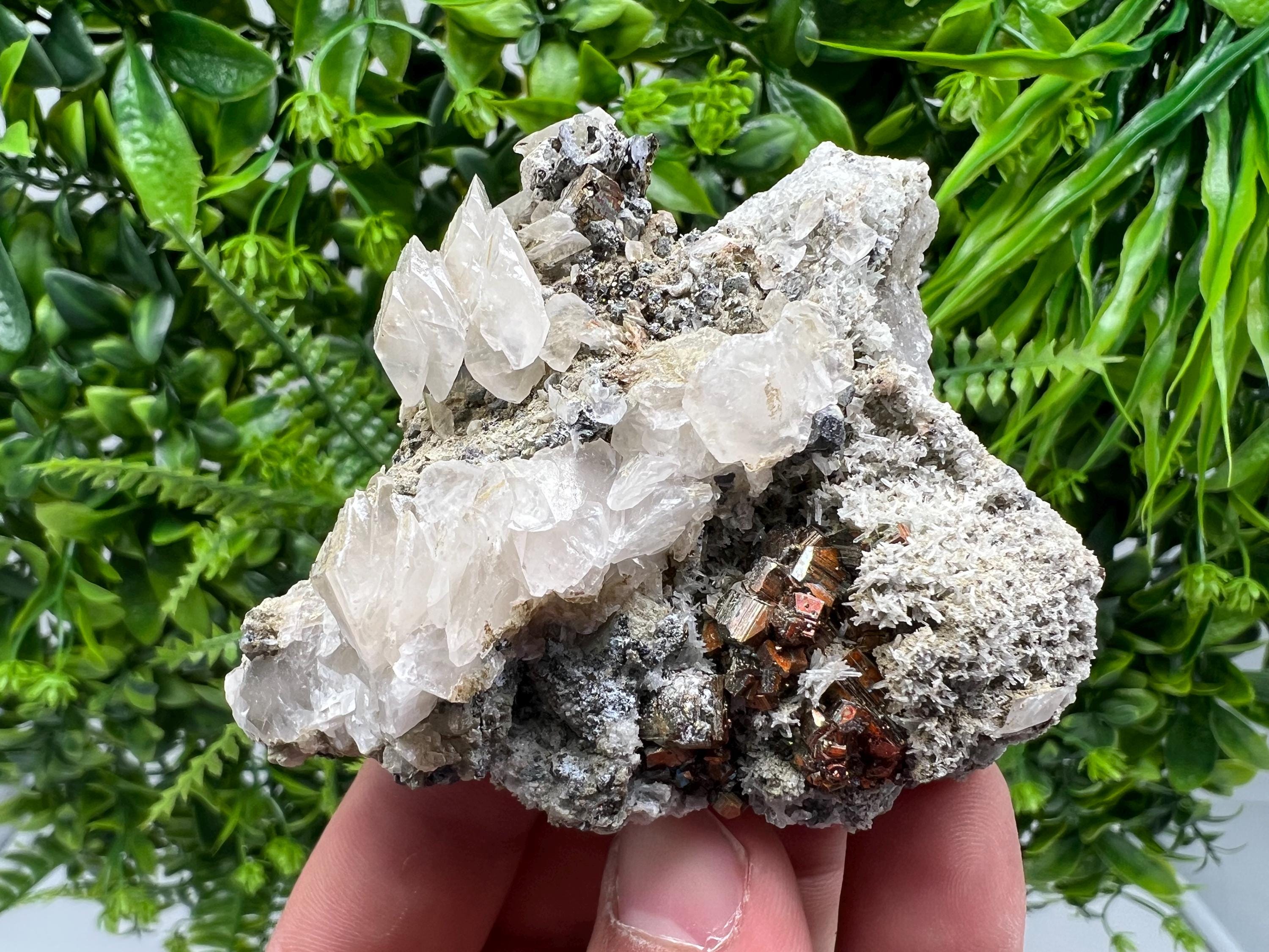 Wonderful Red Pyrite,Calcite on Quartz from Borieva mine,Madan,Bulgaria,natural,collectible mineral specimen,home decor stone,gift minerals