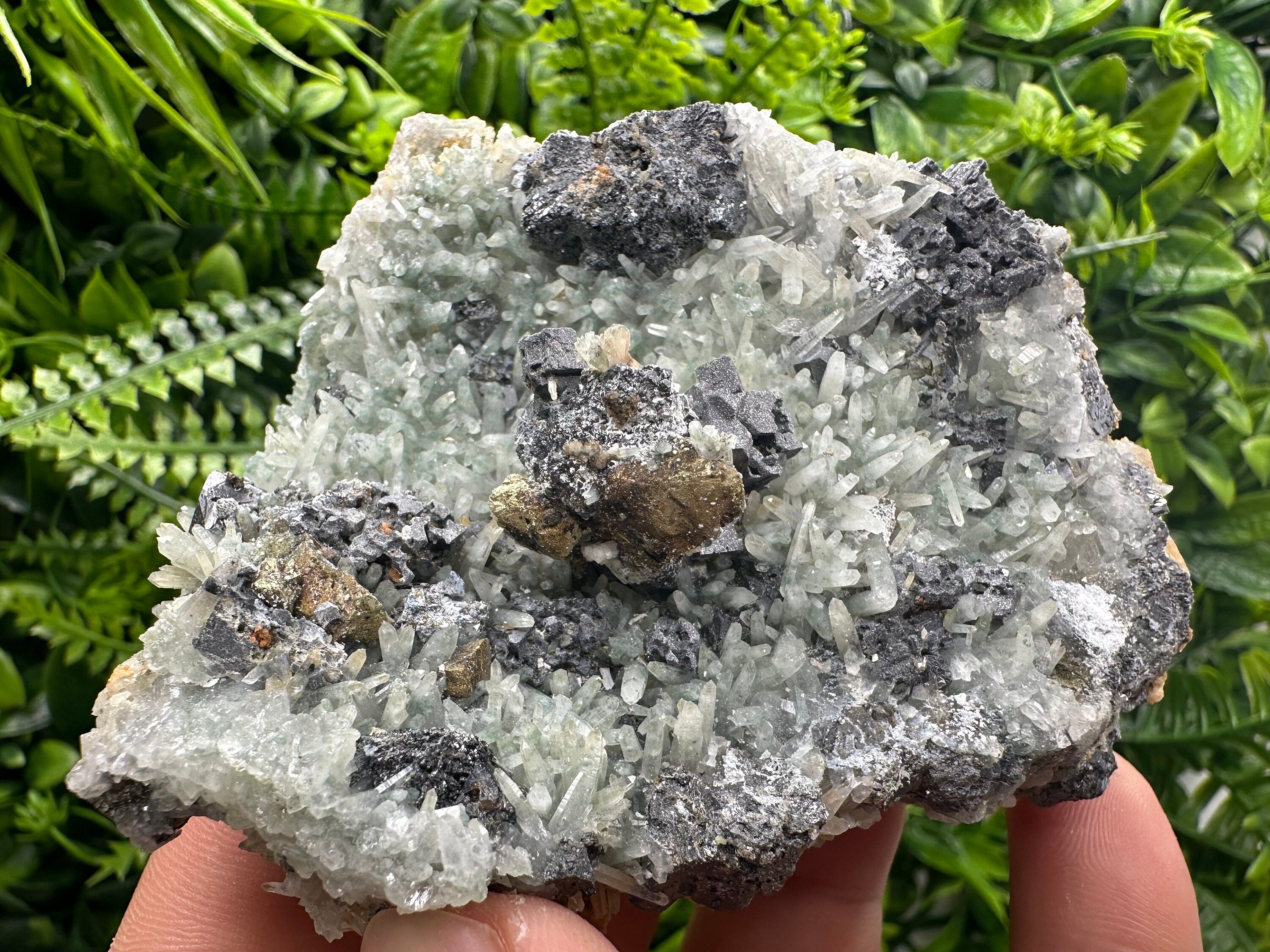 Chalcopyrite Galena on Green Quartz, Bulgaria Mineral Specimen
