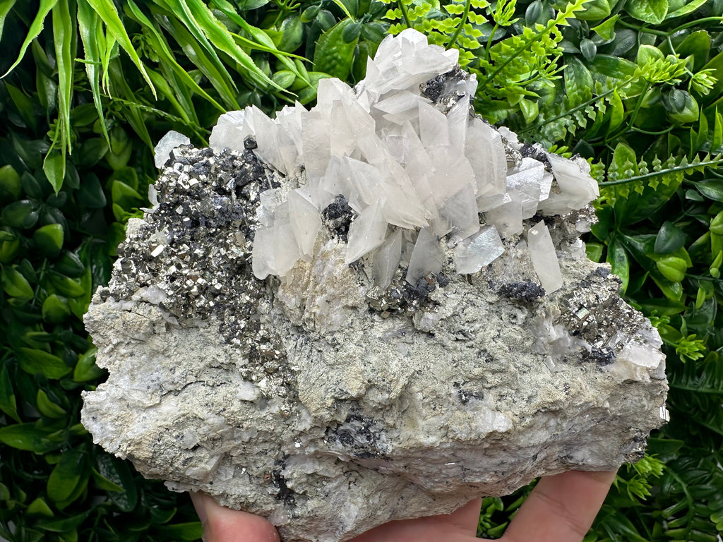 Golden Pyrite with Calcite on Matrix, Borieva Mine Mineral Specimen