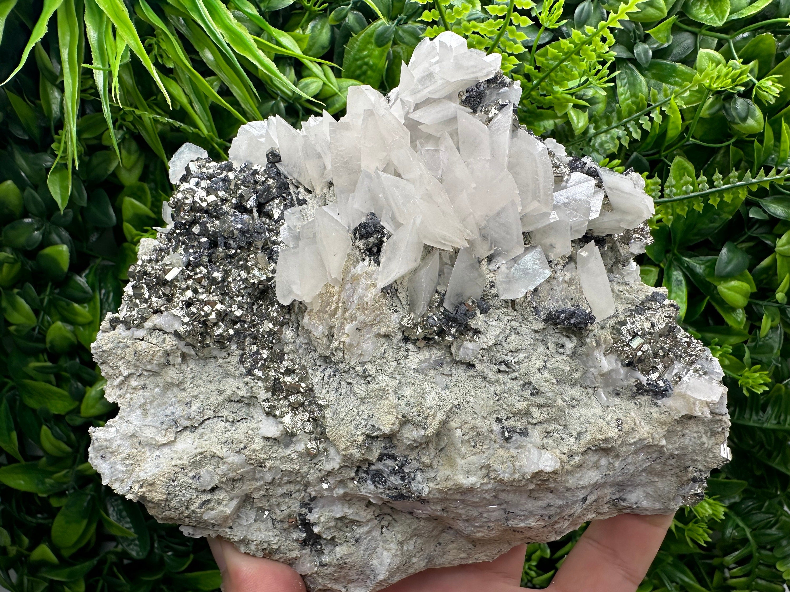 Golden Pyrite with Calcite on Matrix, Borieva Mine Mineral Specimen