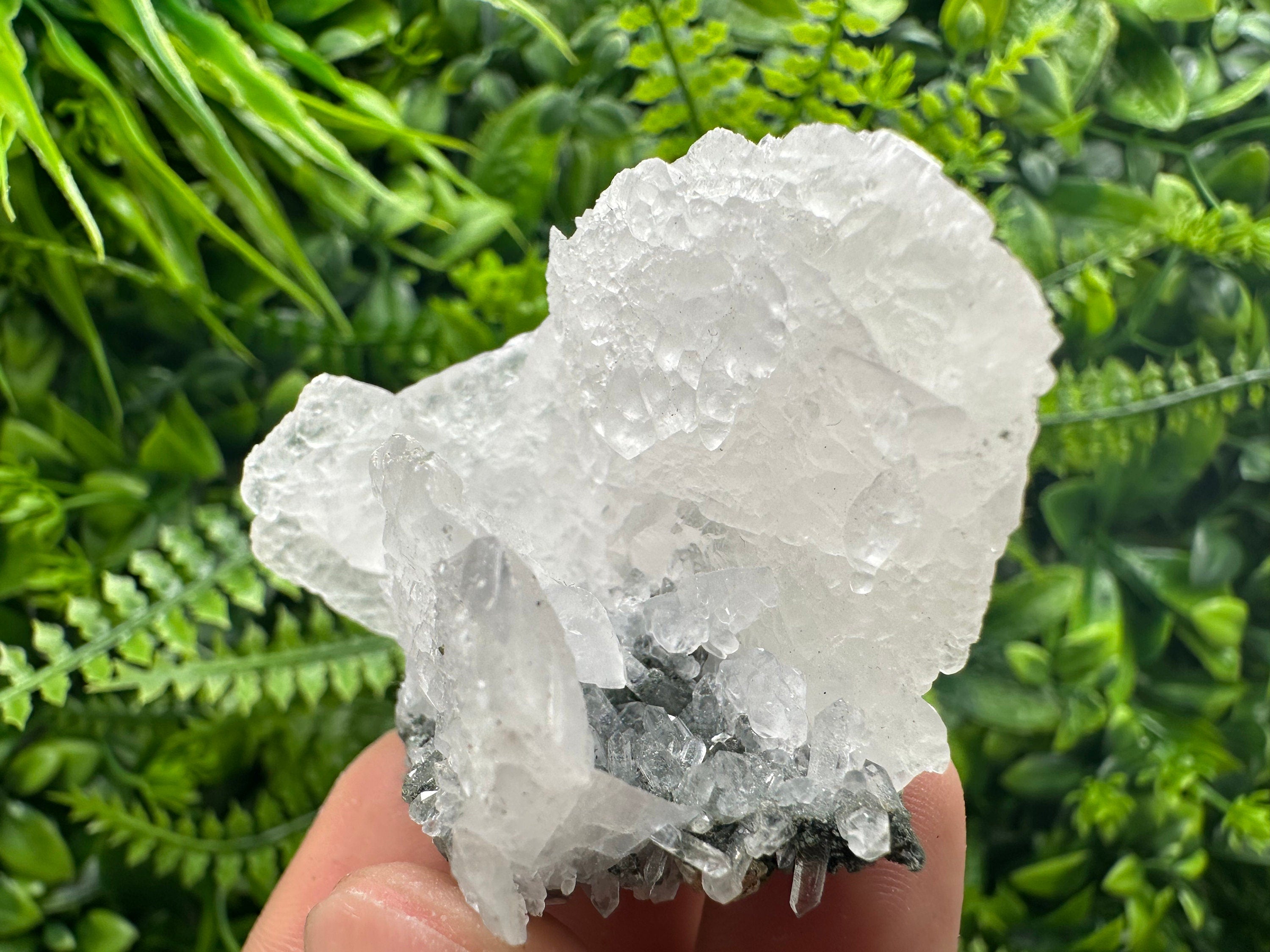 Calcite on Green Quartz: Djurcovo Mine, Bulgaria