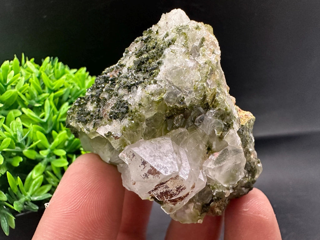 Rare Green Epidote with Quartz Crystals: Sparkly Rainbow Mineral Decor