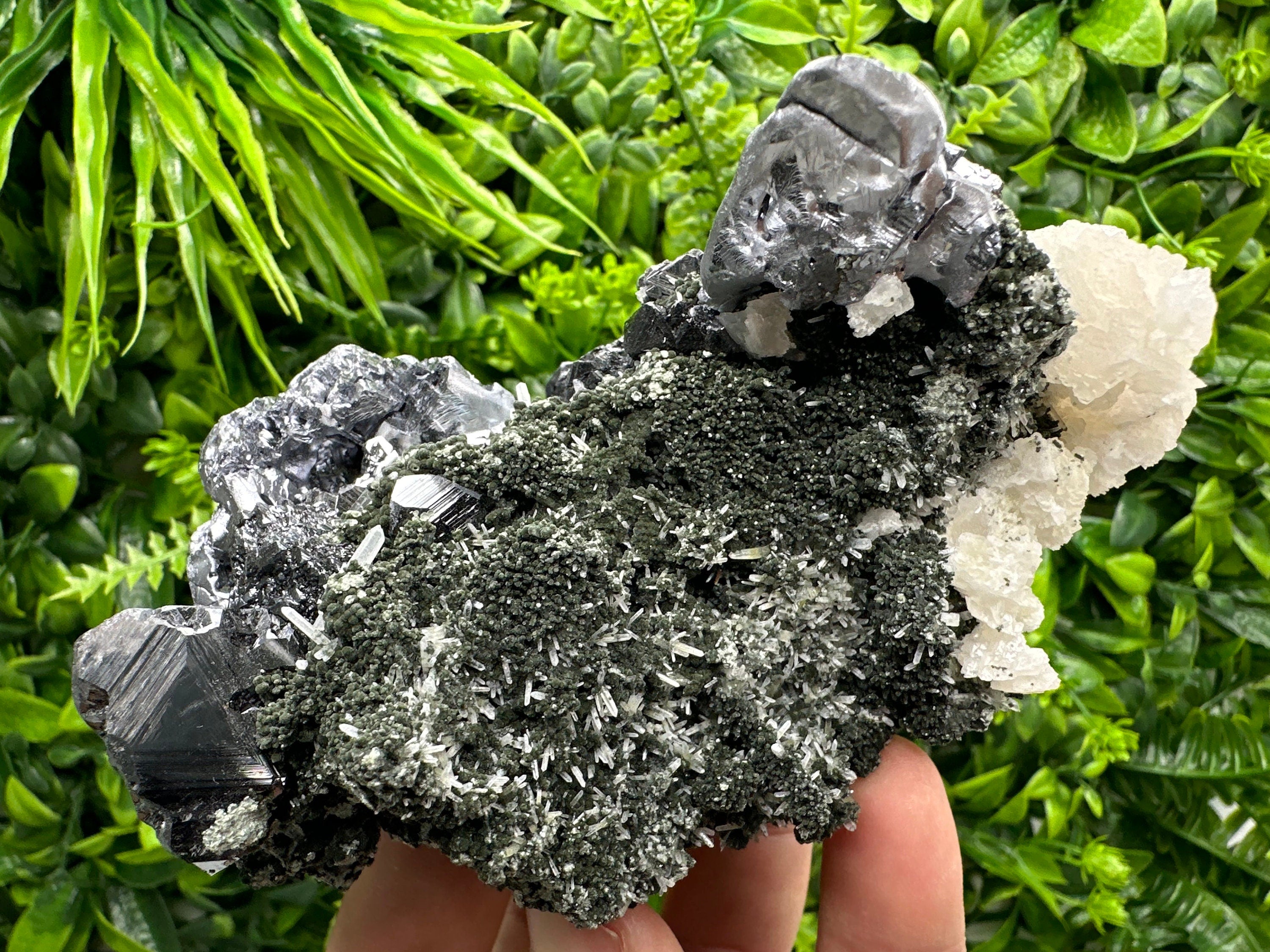 Galena Sphalerite Mineral Specimen, Calcite on Quartz, Bulgarian Crystal