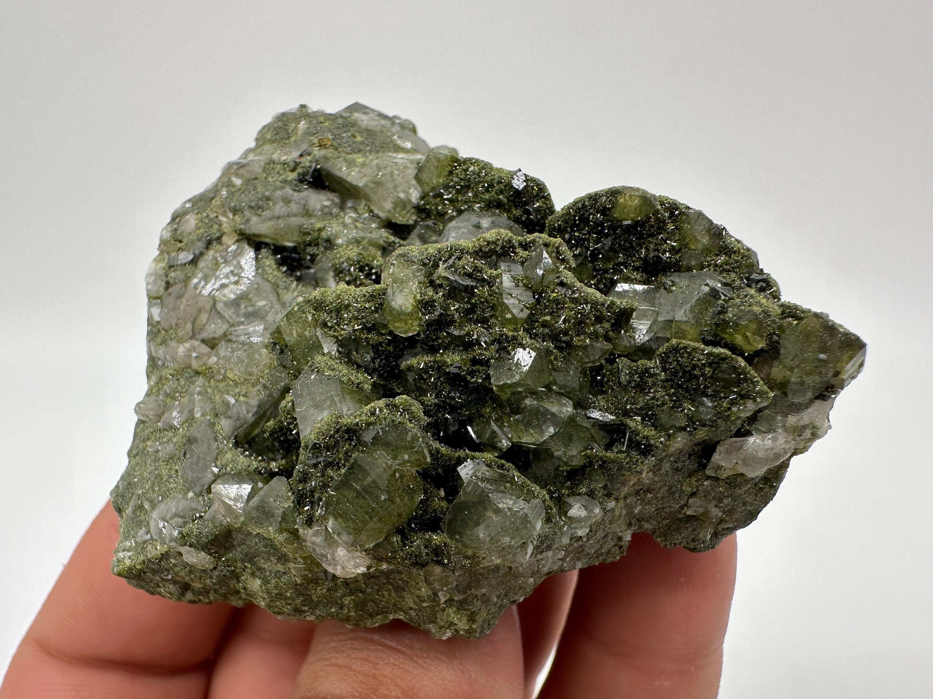 Rare Green Epidote with Quartz Crystals: Sparkly Rainbow Mineral Decor