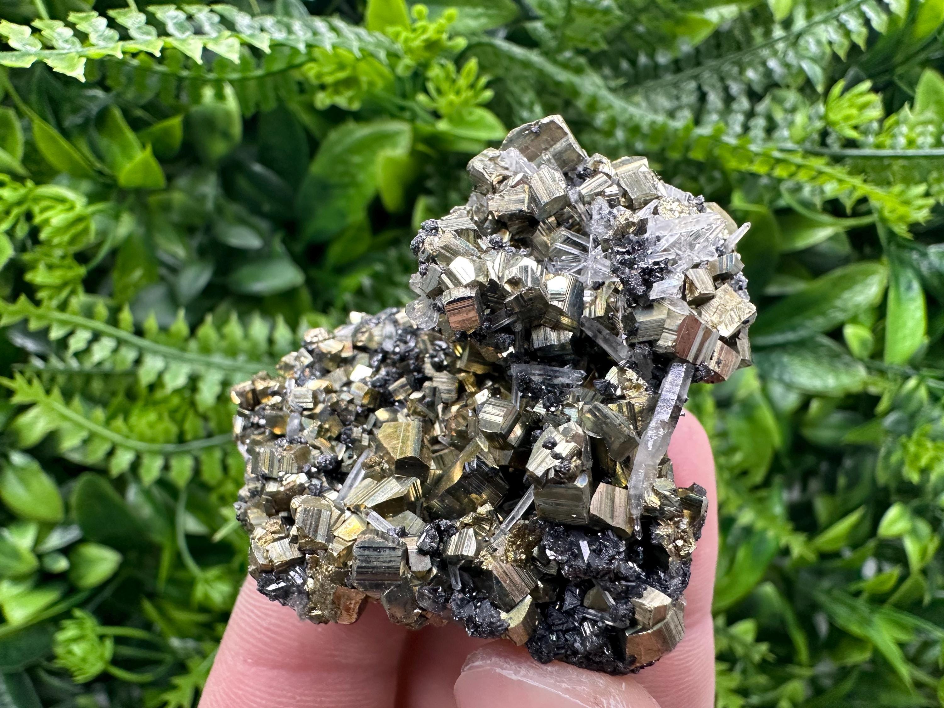 Rainbow Pyrite Cluster on Sphalerite Quartz, Bulgaria Mineral Specimen