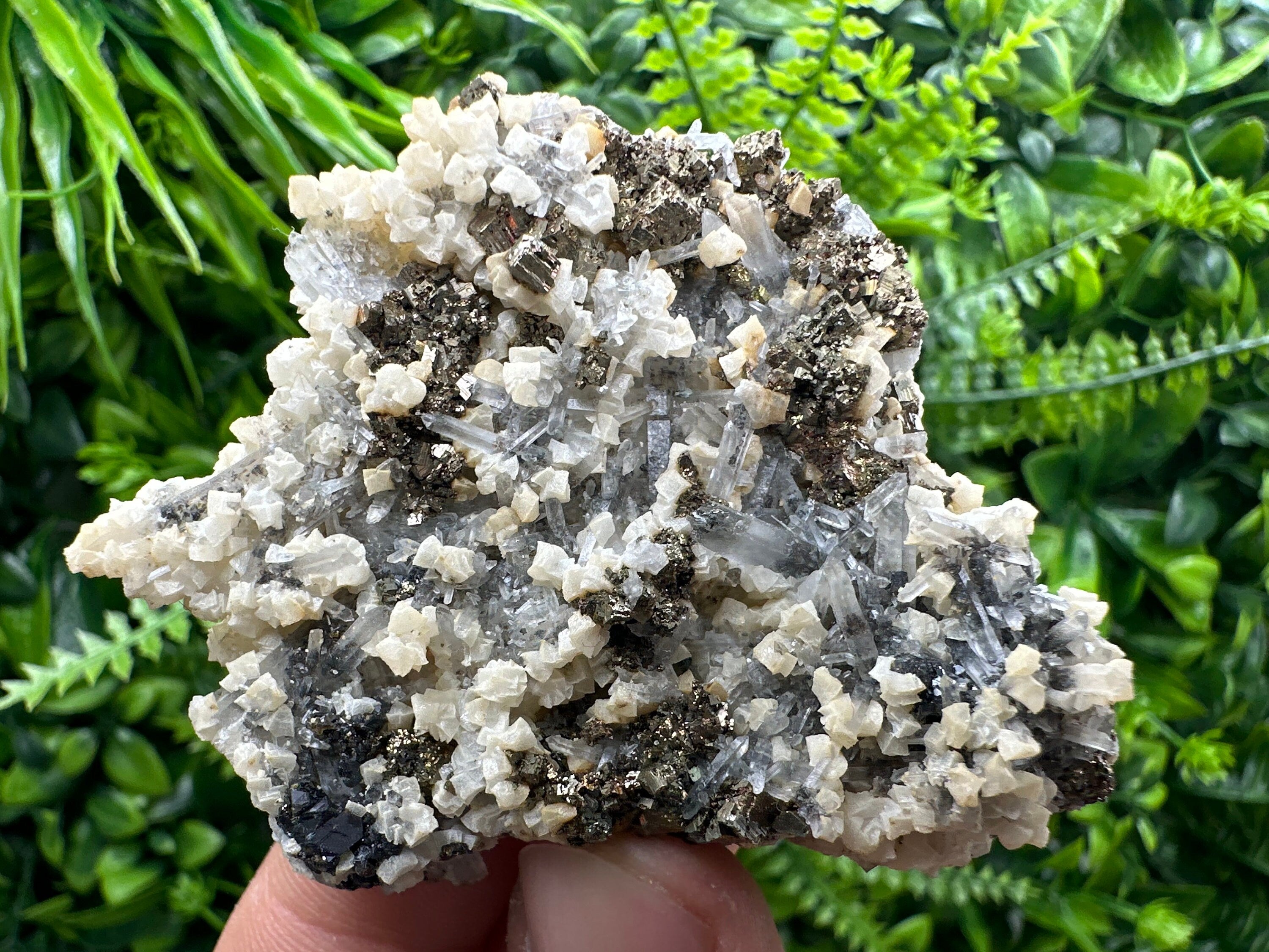 Pyrite, Calcite, Sphalerite on Quartz, Borieva Mine, Bulgaria