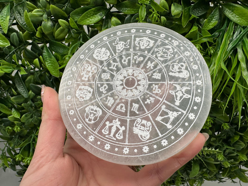 Natural Selenite Zodiac Disc (12cm): Engraved Crystal Decor