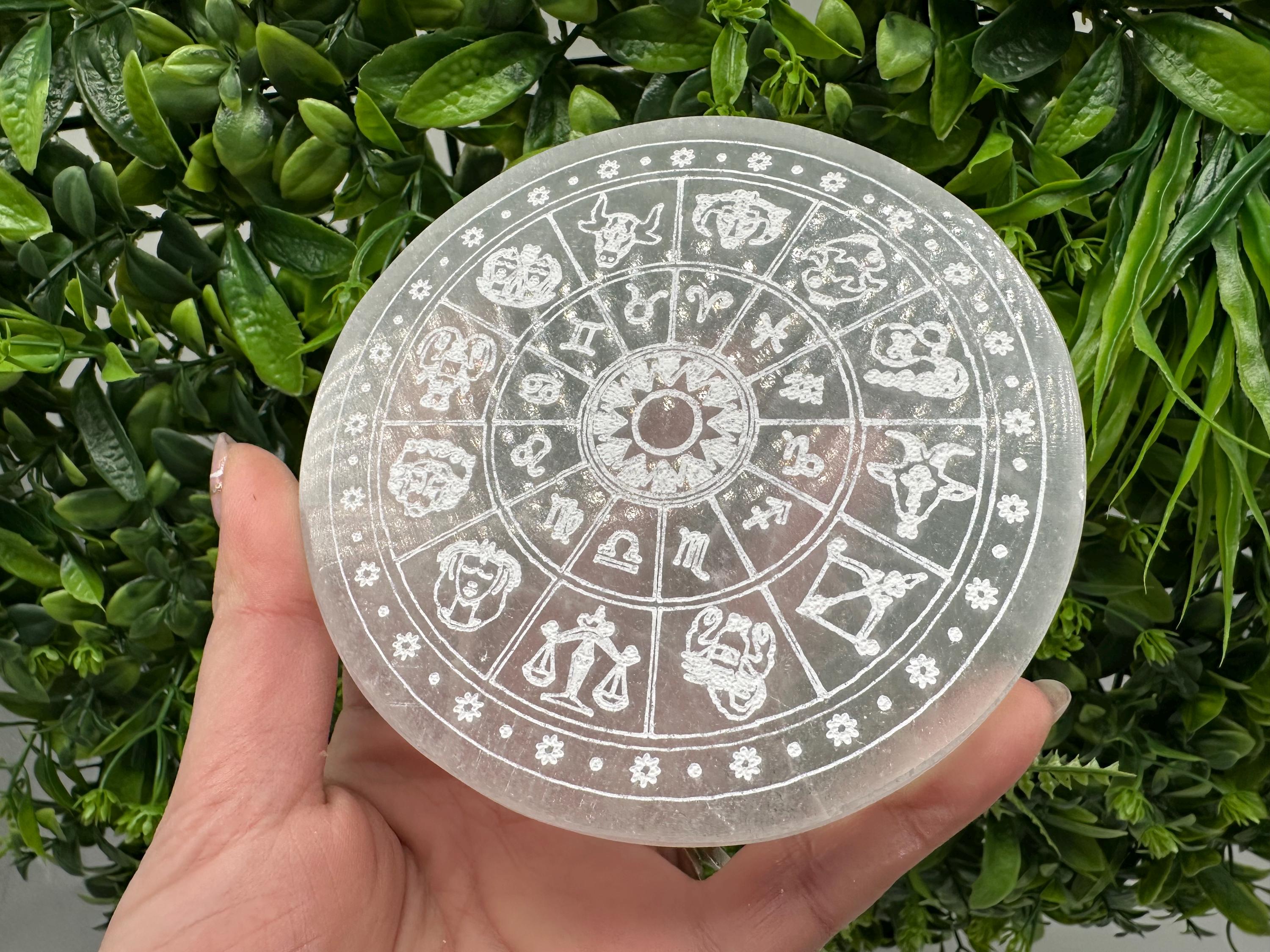 Natural Selenite Zodiac Disc (12cm): Engraved Crystal Decor
