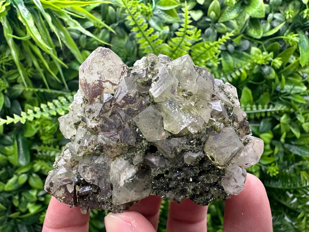 Rare Green Epidote with Quartz Crystals: Sparkly Rainbow Mineral Decor