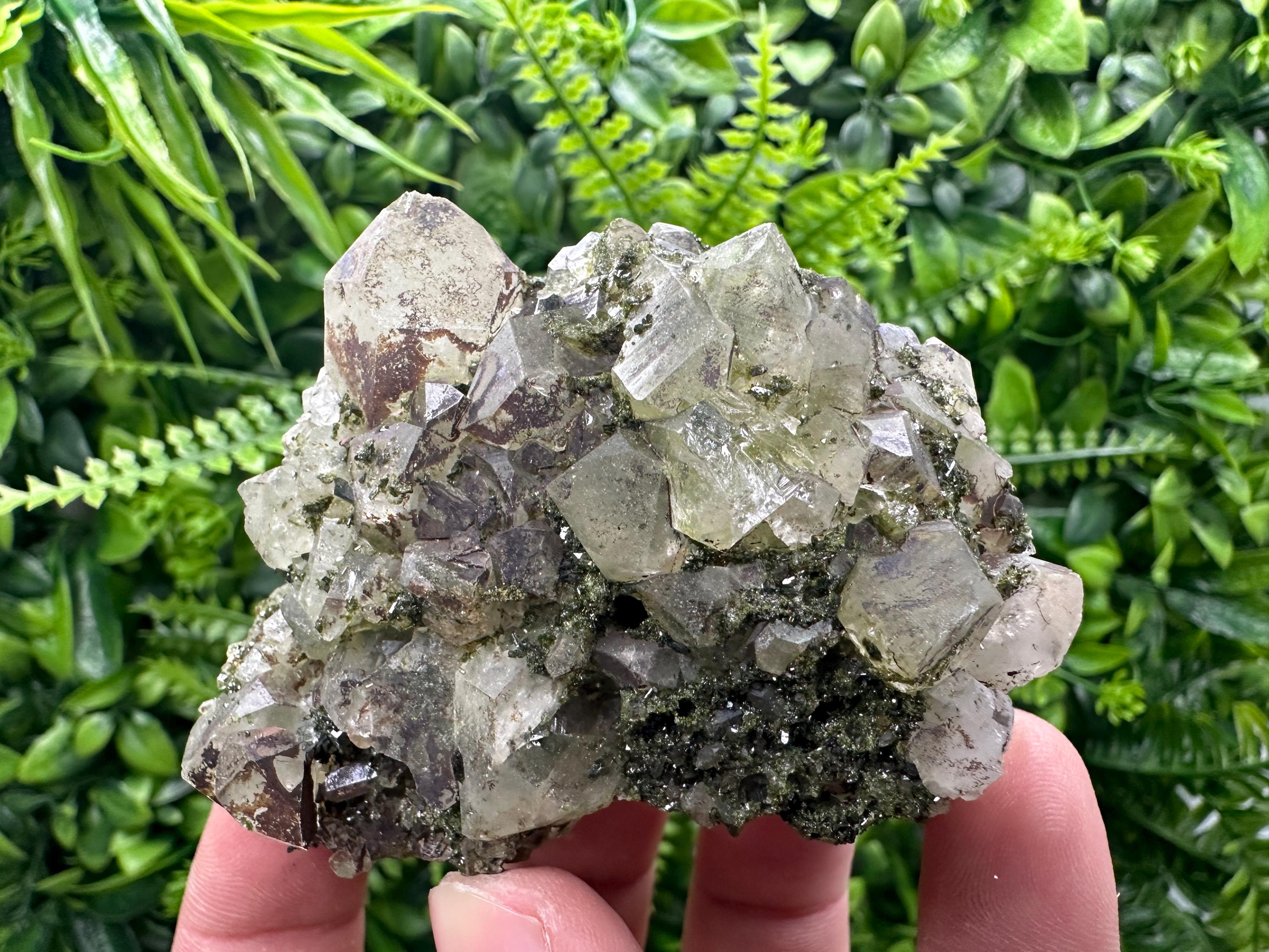 Rare Green Epidote with Quartz Crystals: Sparkly Rainbow Mineral Decor