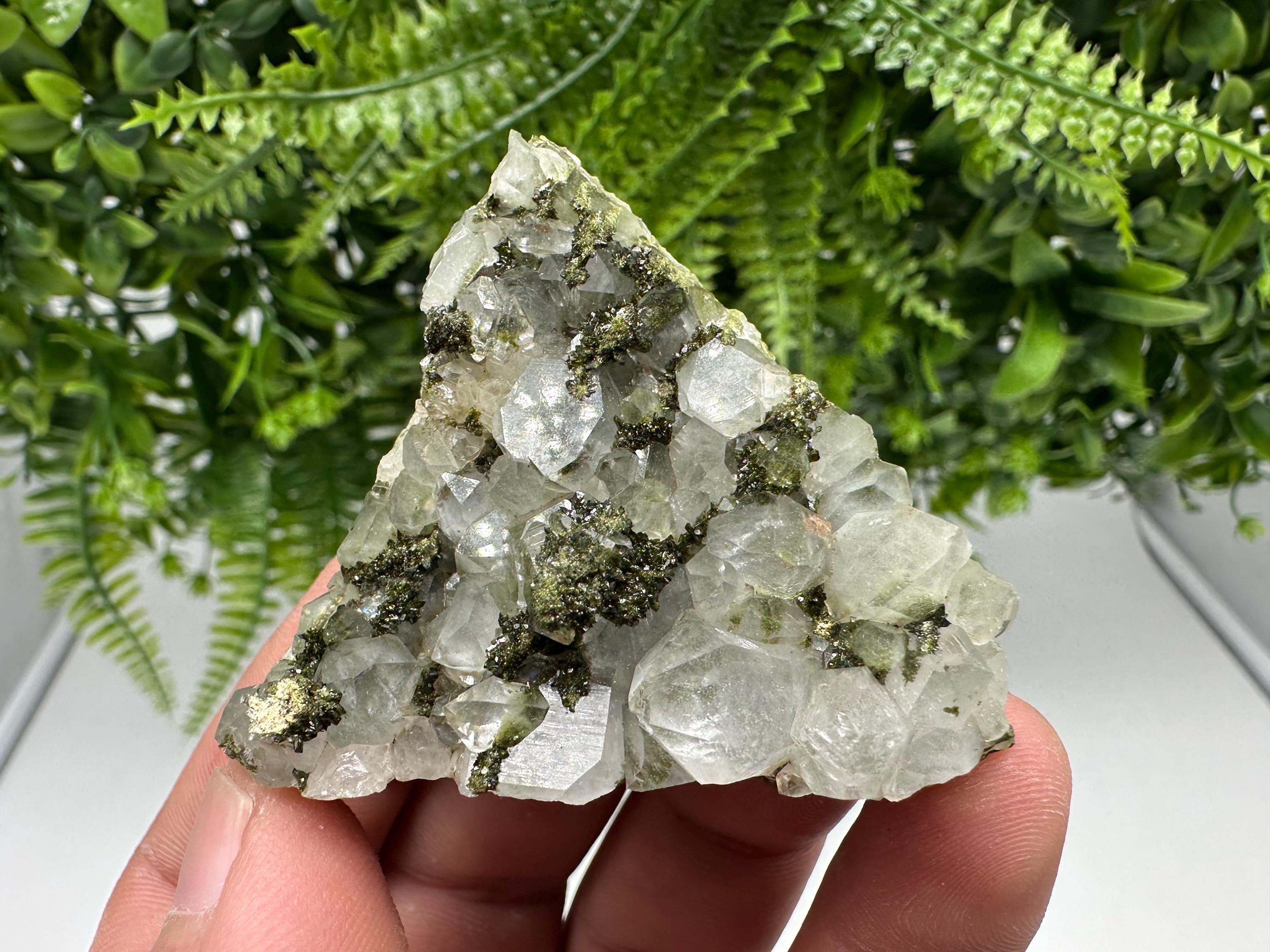 Rare Green Epidote with Quartz Crystals: Sparkly Rainbow Stone Decor